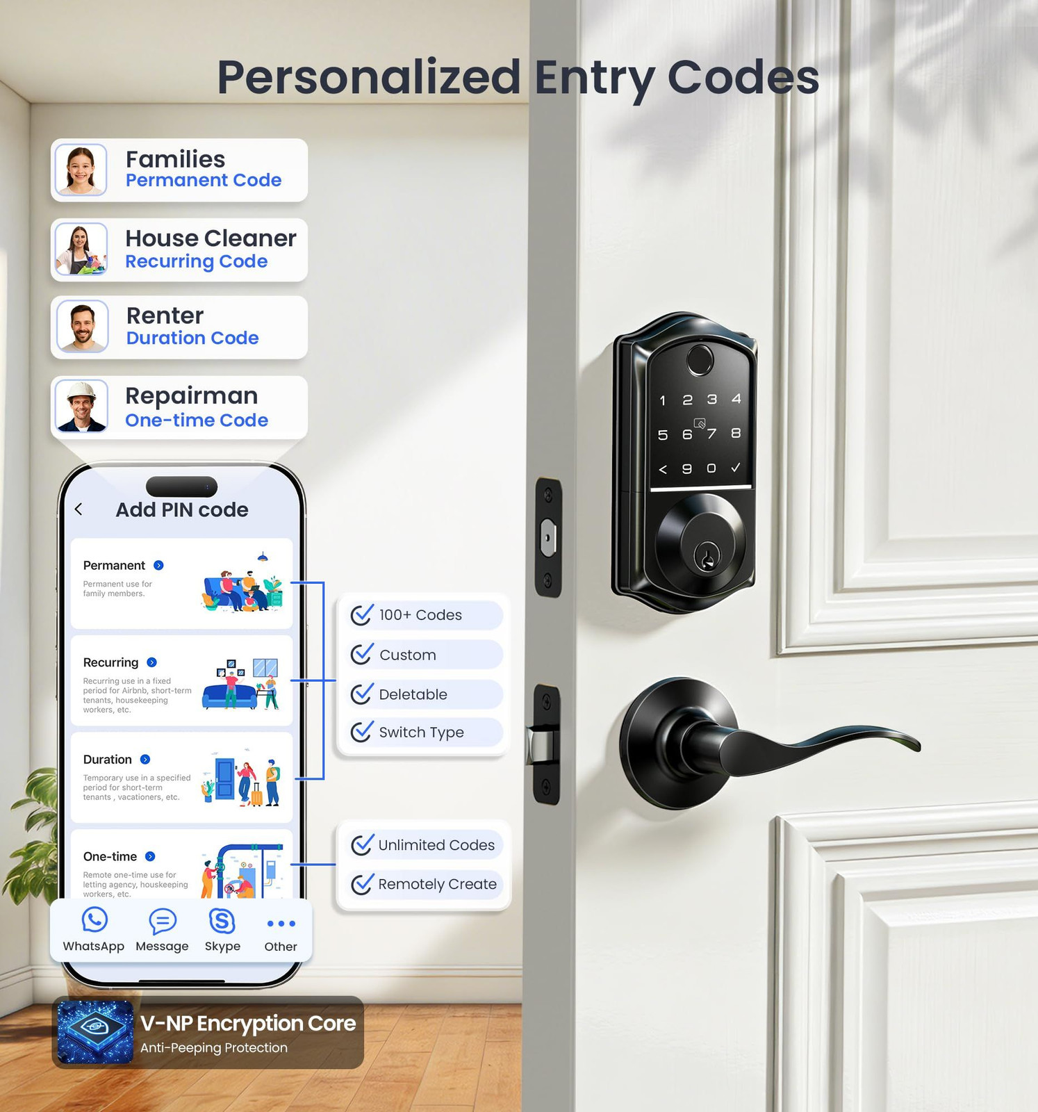 Veise VE017-L Fingerprint Smart Lock with Lever Handles, App Matte Black