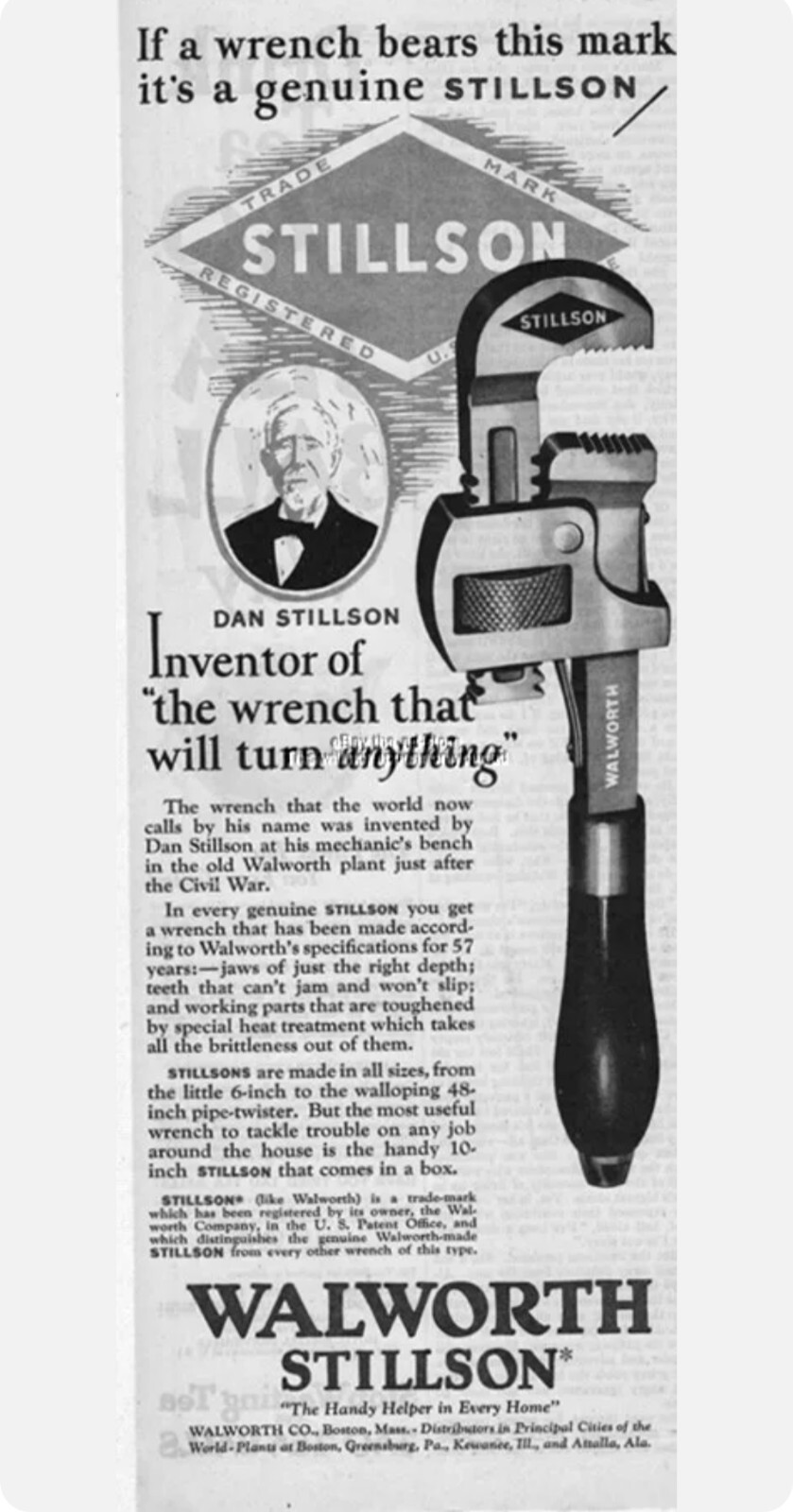 Hudson Forge Stillson Forged Steel Pipe Wrench #10 c 1920’s Wood Handle WT Grant
