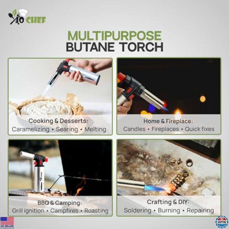 Jo Chef Kitchen Torch with Butane Included – Refillable butane torch Lighter