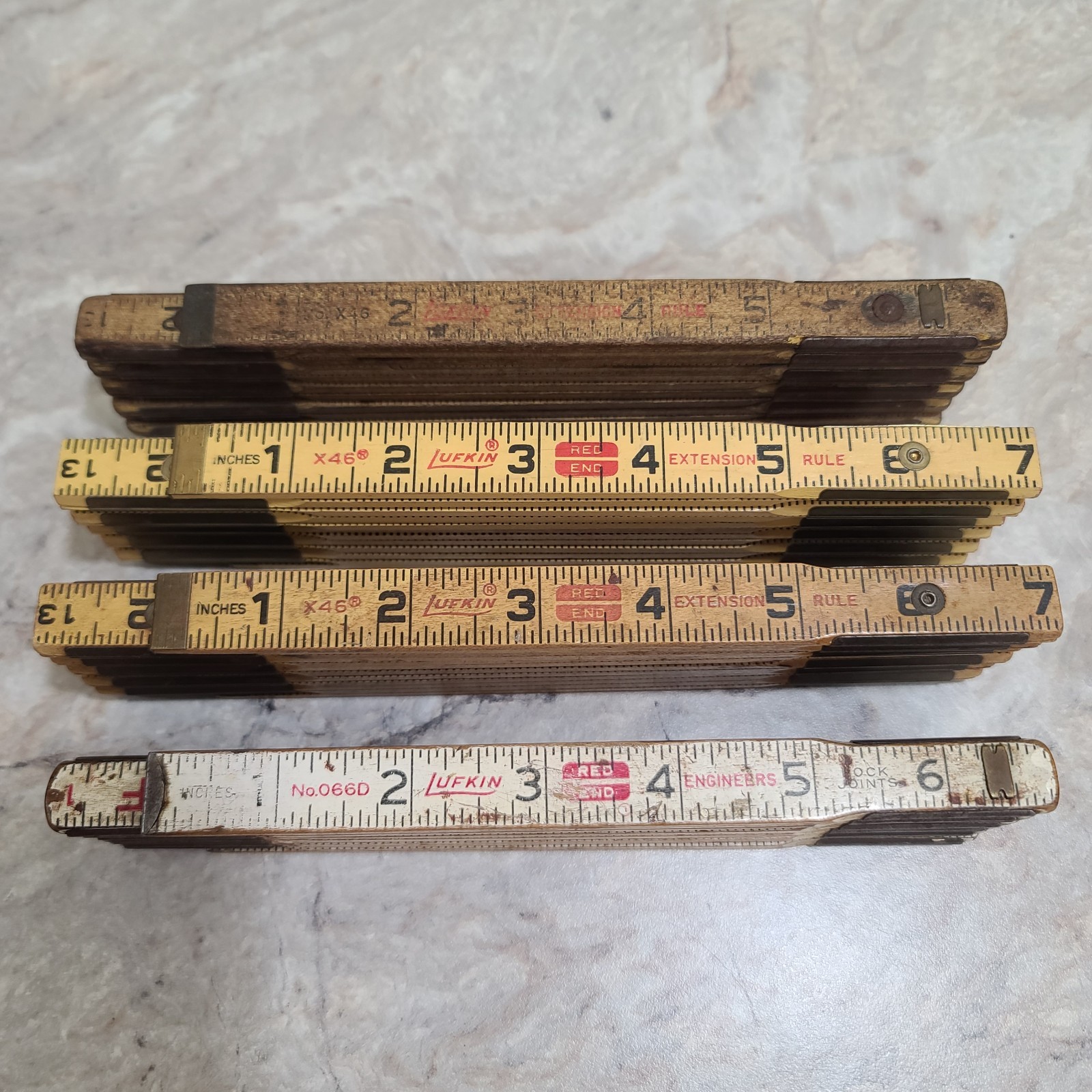 Lot of 4 Vintage Wood Folding Rulers Lufkin X46 Extention & No 066D Engineers