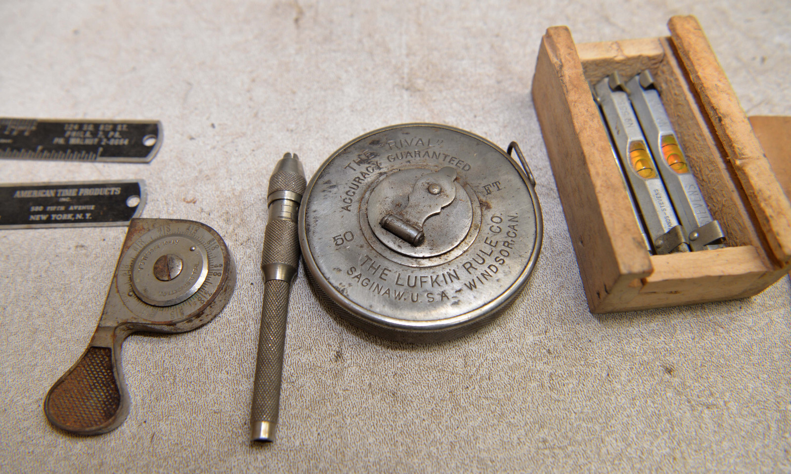 3 Stevens 555 level; Lufkin rule; two Starrett gauges; 2 watchmaker tools lot
