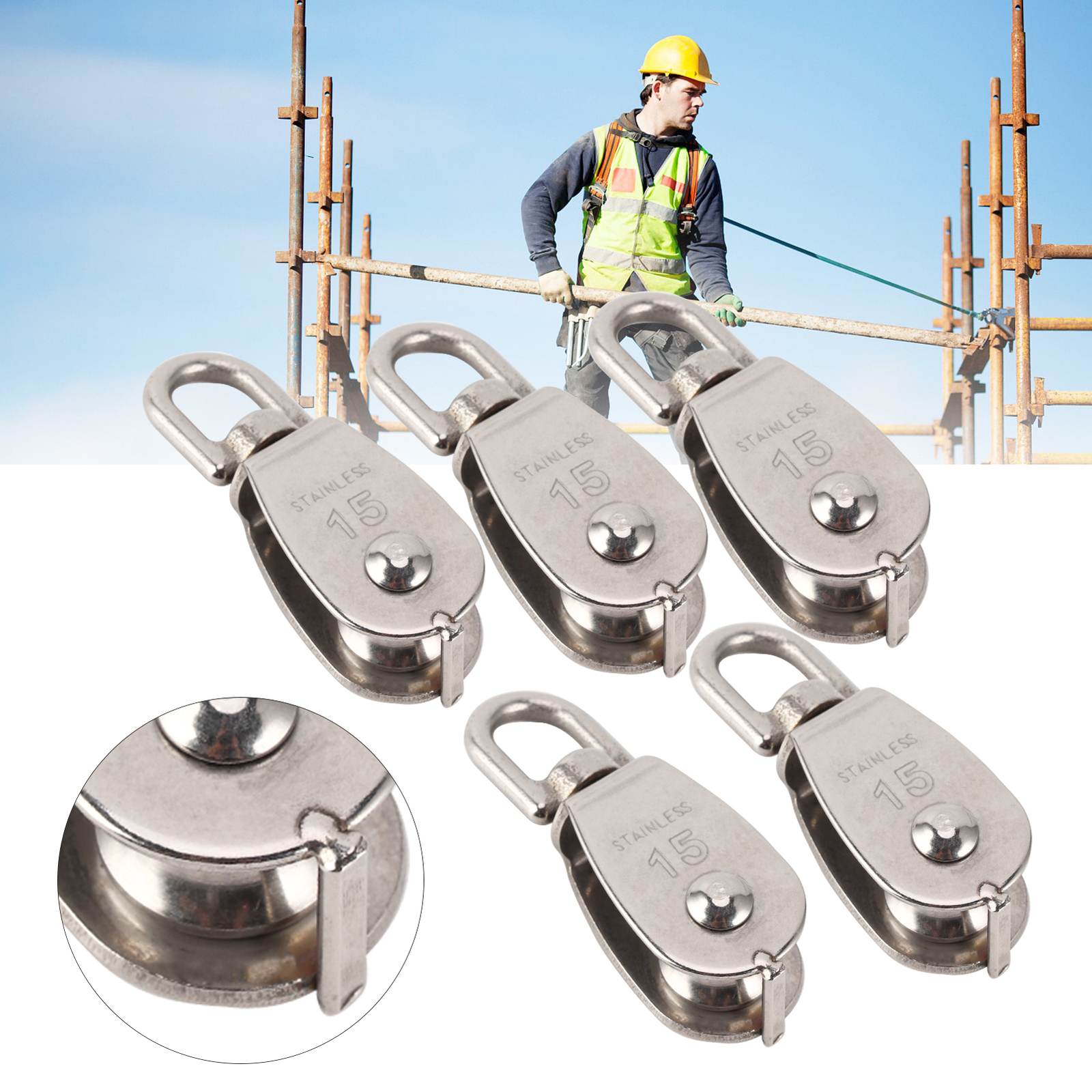 5pcs Single Pulley Roller Stainless Steel 1500KG Bearing With Thickness 15mm