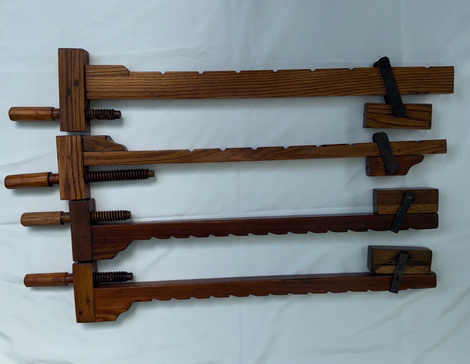 4 Vtg 36” Wooden Bar Clamps Hand Made Complete Primitive Tools Wood Oak Pine