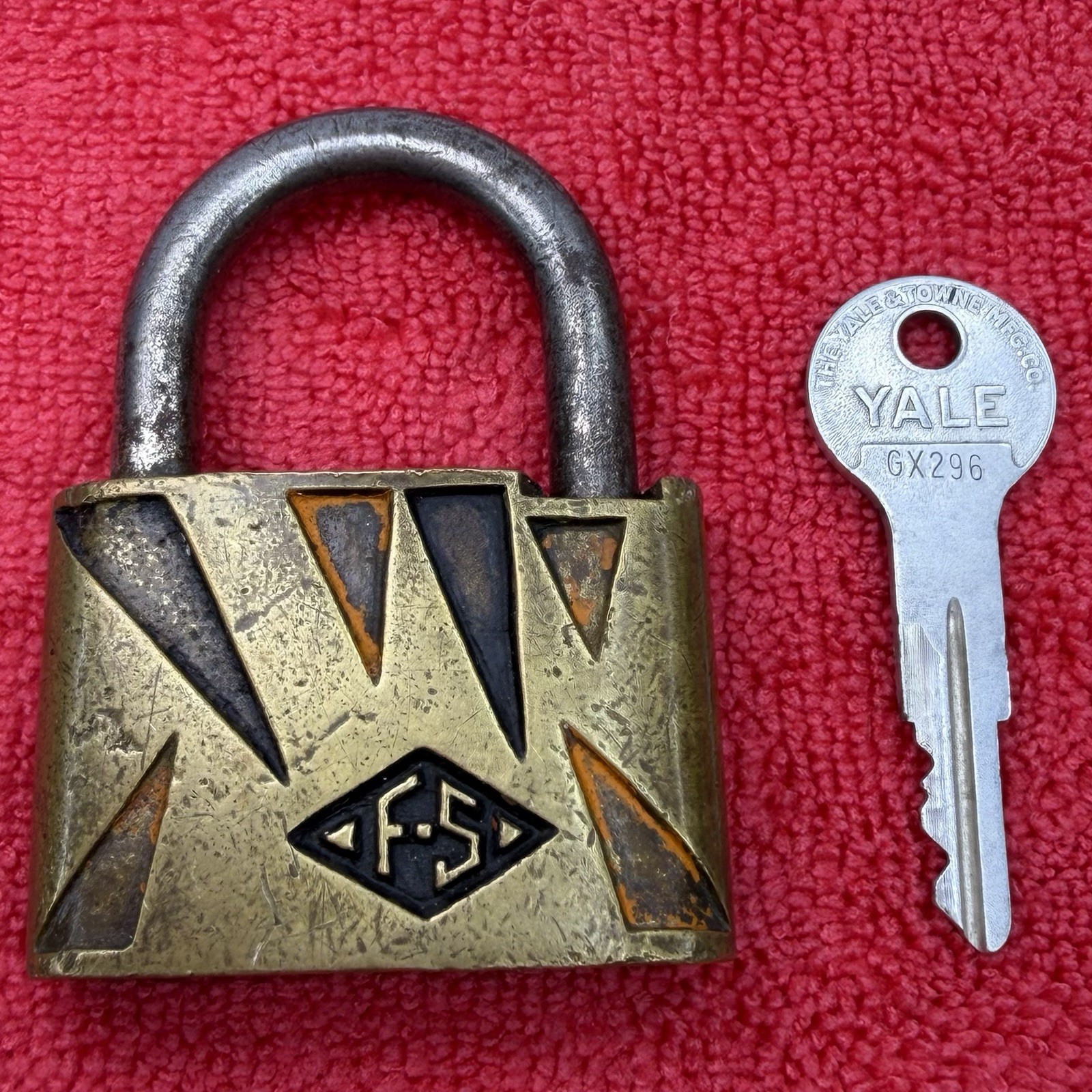 Vintage Brass Padlock FS Fraim Slaymaker deco style with key lock TESTED WORKS