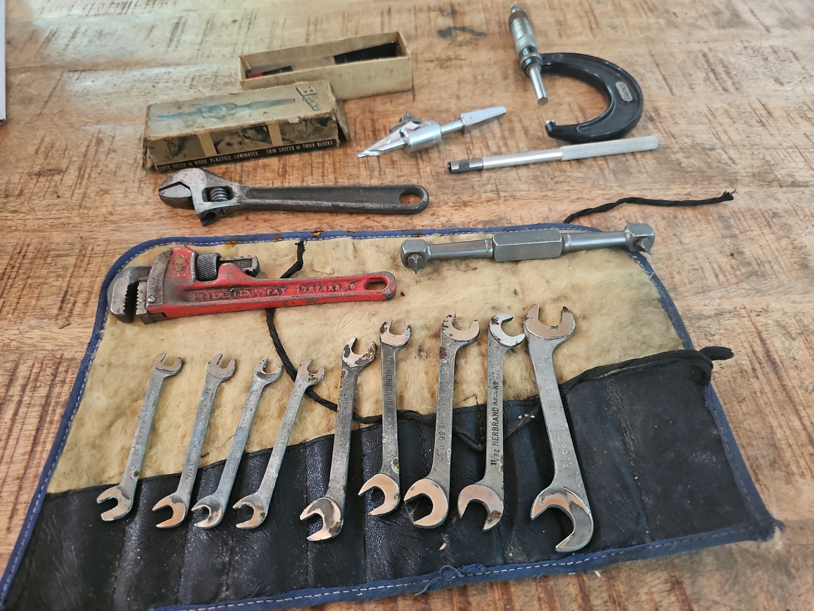 Machinist Tool Lot Starrett No.436 1″ Micrometer Wrench 4 way Pipe 3/8-1.5 drill