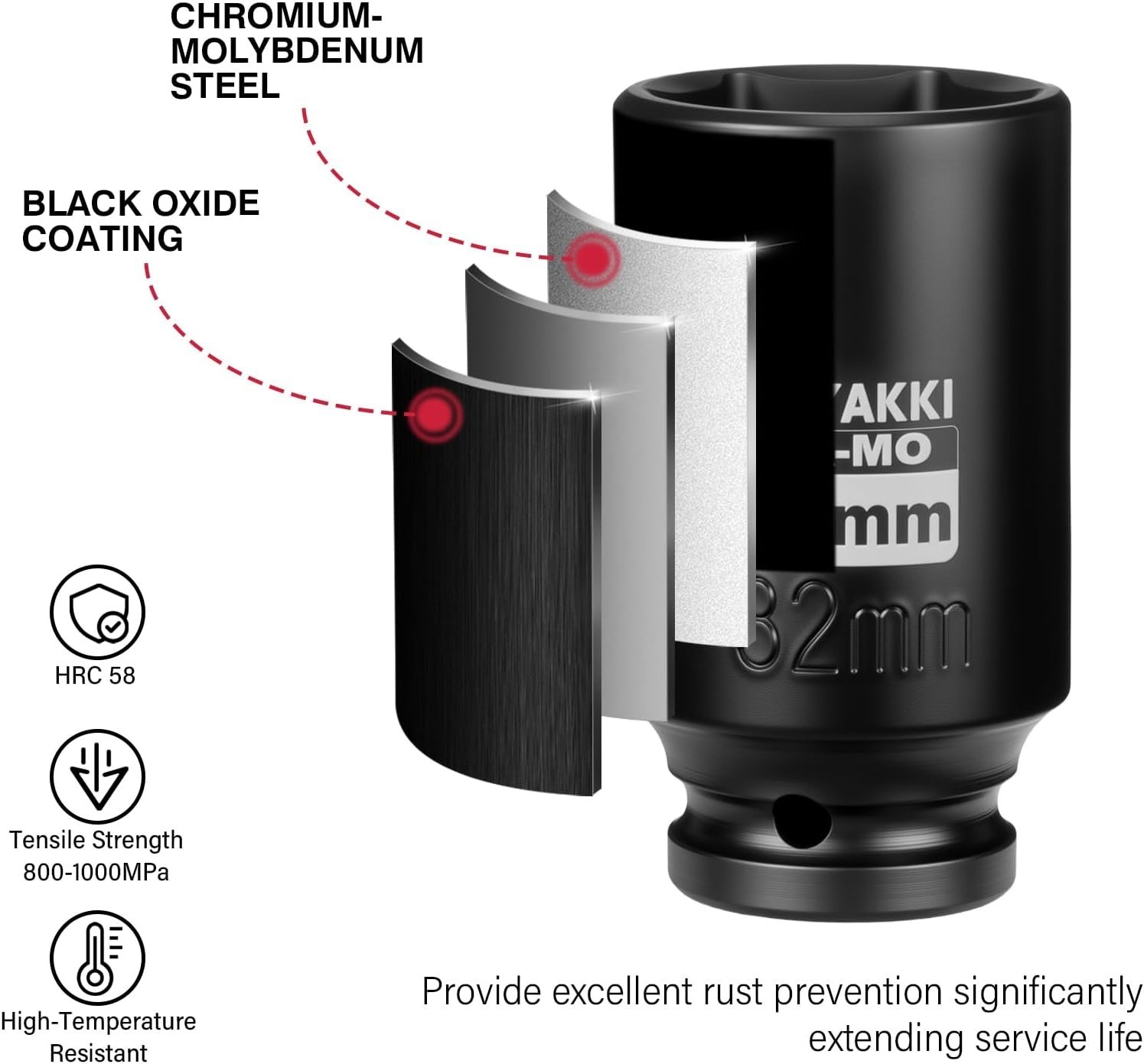 1/2″ Drive x 32 mm Deep 6 PT Impact Socket, CR-MO,1/2-inch Drive 6 Point Axle Nu