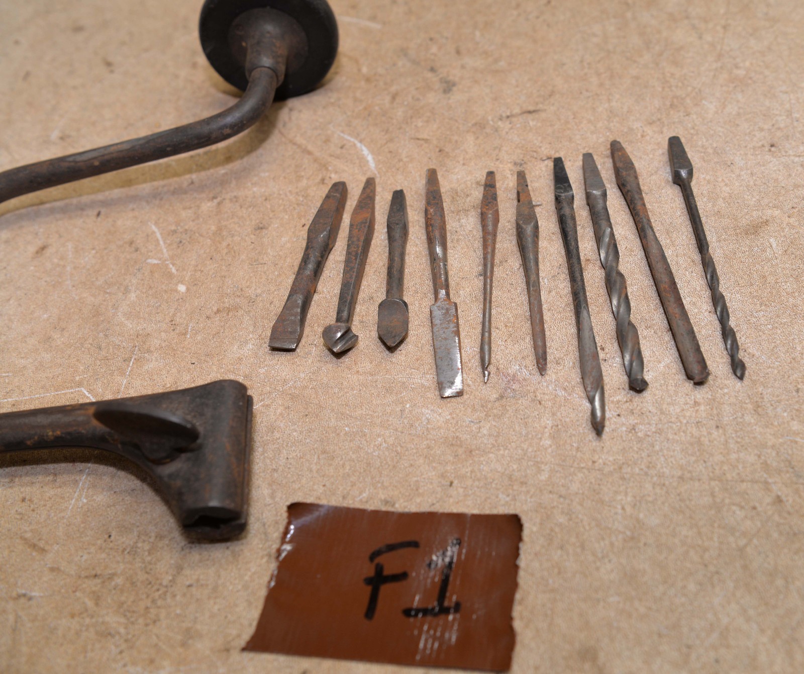 Antique No 110 Spofford Patent John Fray brace & 10 collectible drill bit lot F1