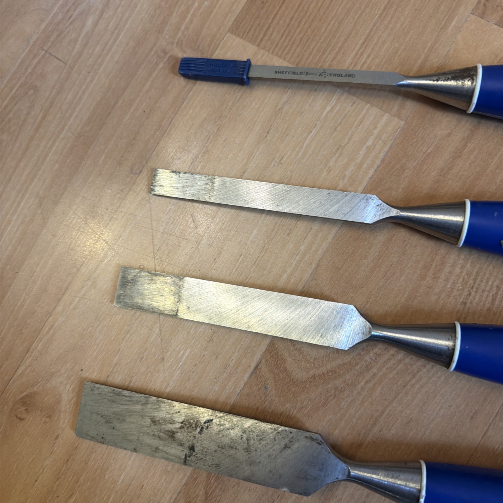 Vintage Marples Sheffield England Blue Handle Set of 4 Chisels 1/4, 1/2, 3/4 & 1