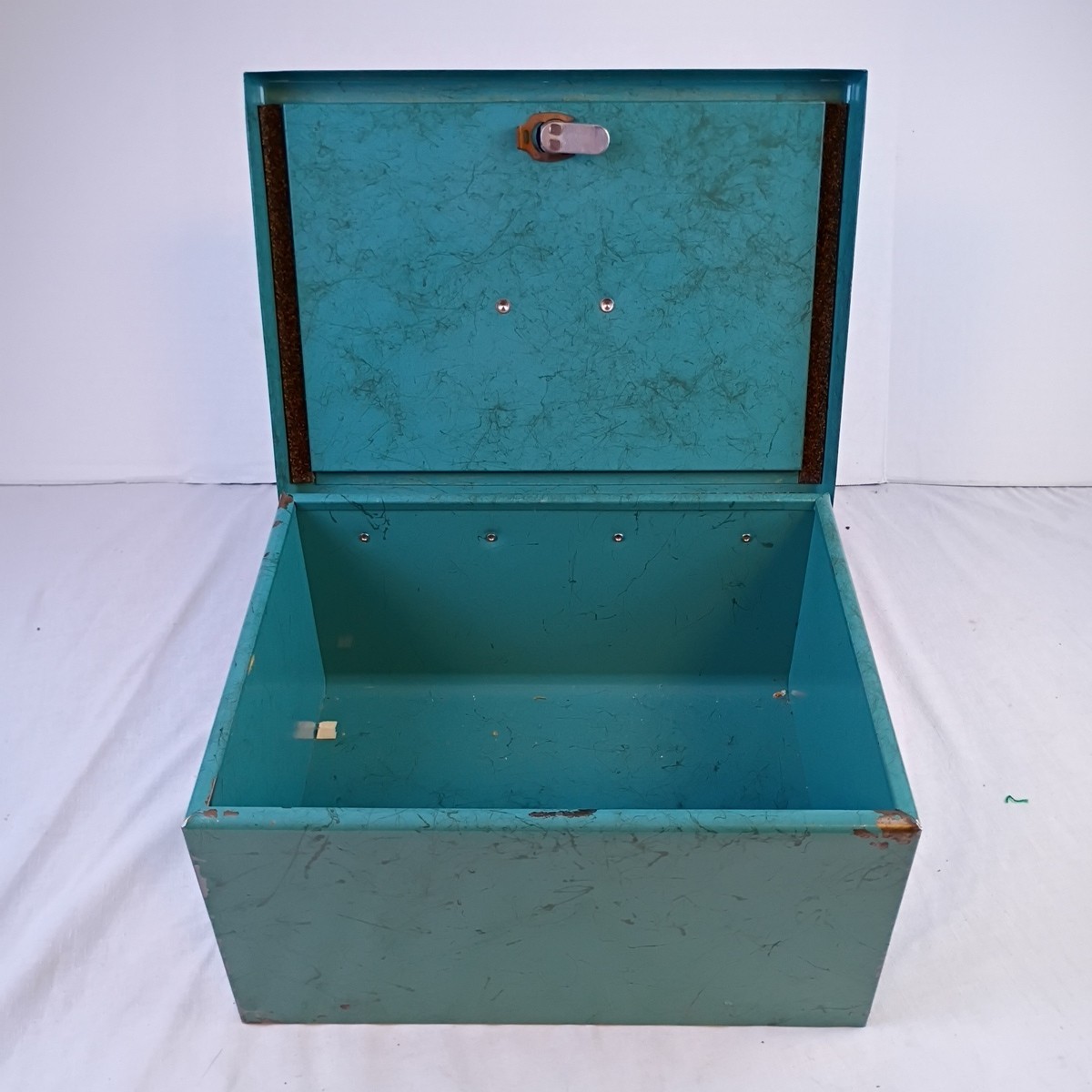 Vintage Sears Roebuck and Company Green Metal Lock Box with Handle and Key Heavy