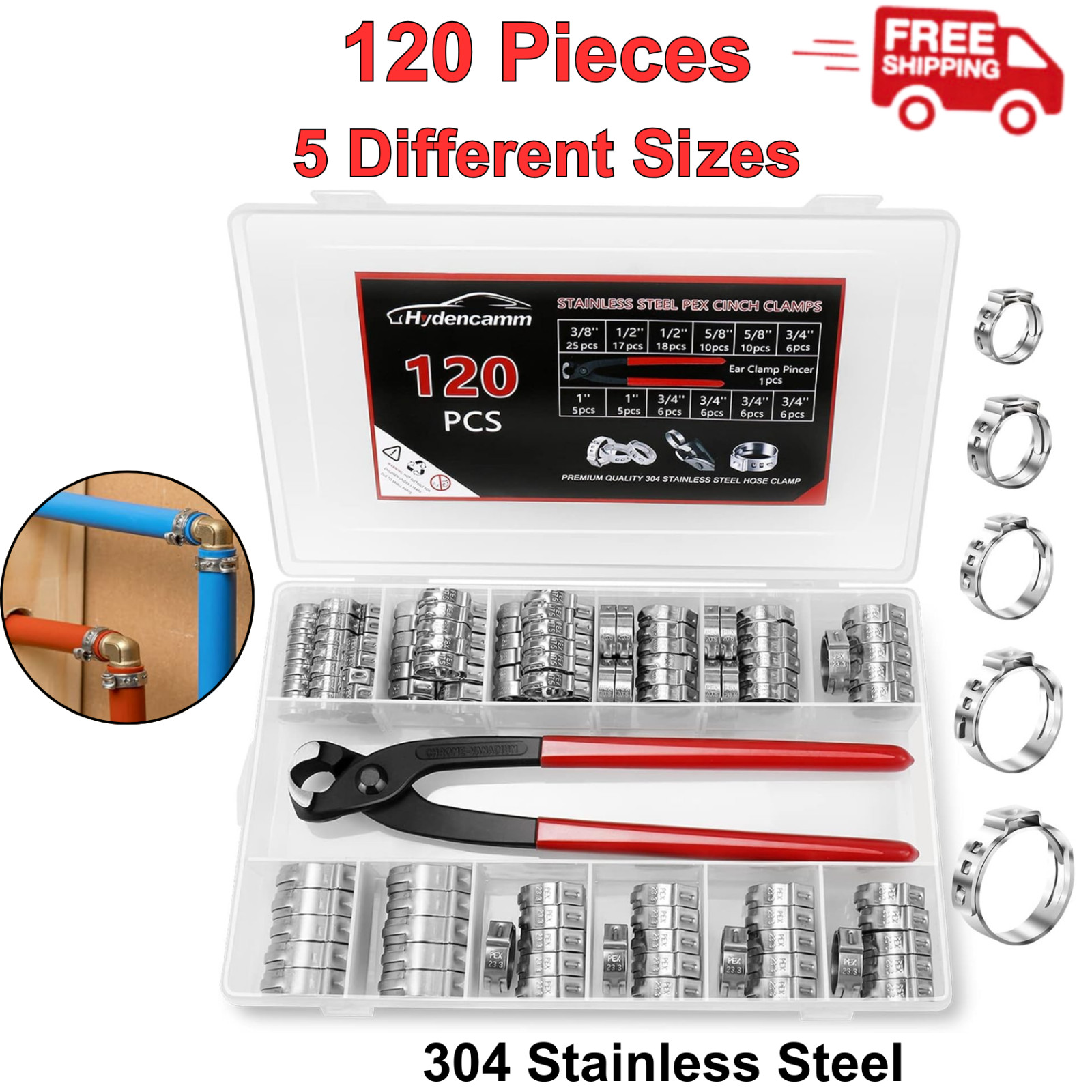 120PCS PEX Clamps Kit W/ Plier, 304 Stainless Steel Cinch Rings for PEX Fittings
