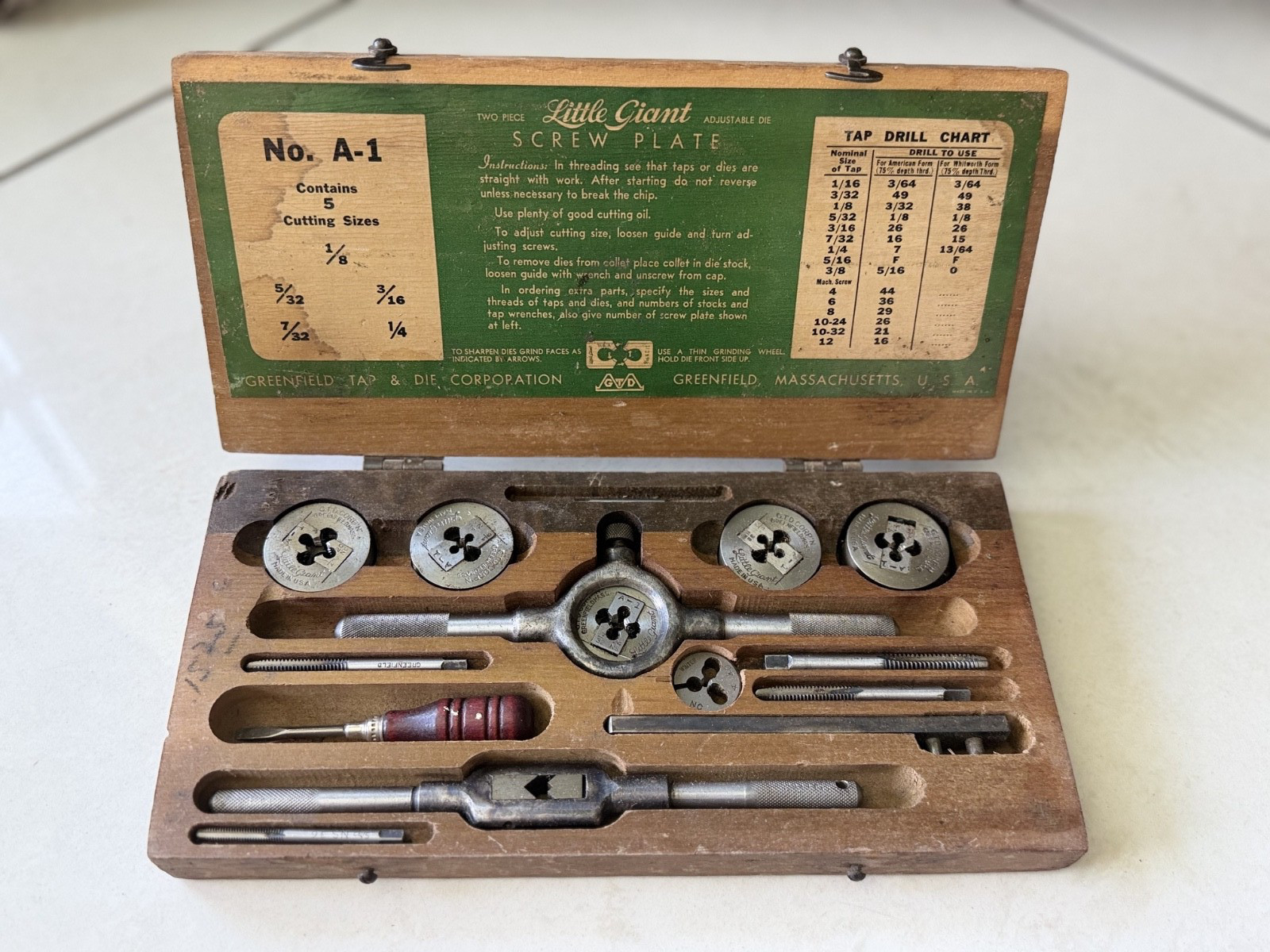 Vtg Greenfield Tap & Die Corp # A-1 Little Giant Screw Plate Set In Wood Case