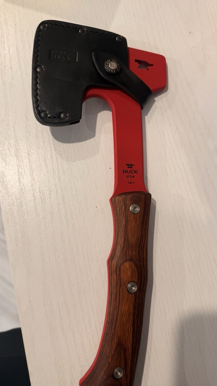 Buck Compadre Axe 106 With Leather Sheath NIB Made in USA Discontinued- RED!