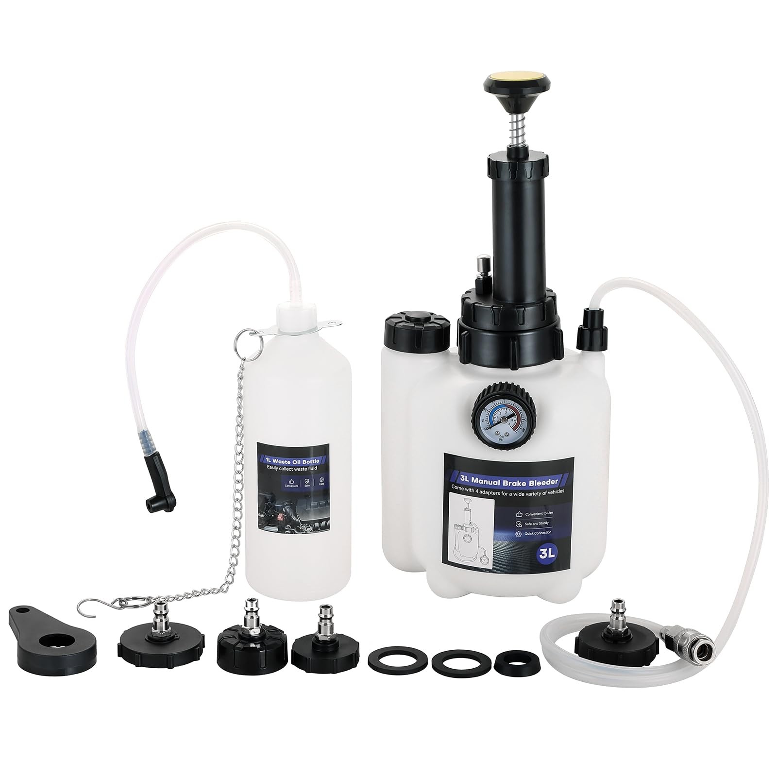 3L Brake Bleeder Kit 1L Bottle Manual Pressure Brake Fluid Bleeder 4 Adapter Set