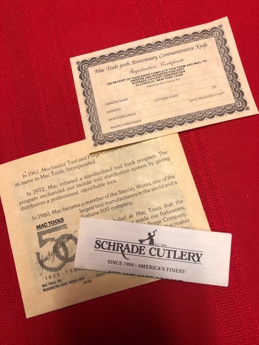 Mac Tools 50th Anniversary Schrade Folding Knife W Display & Paper