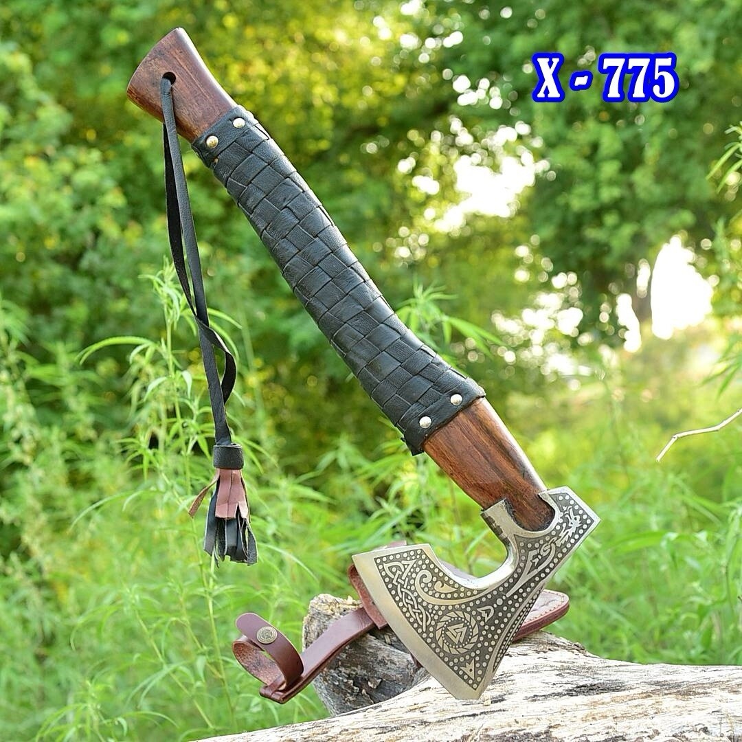 Carbon Steel Bearded Viking Axes Outdoor Camping Axe Gifts Leather Wrap Handle
