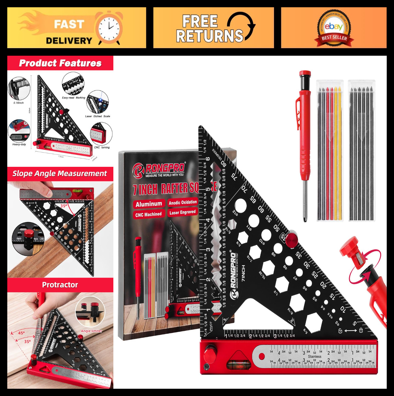 8-in-1 Multi-Purpose Rafter Square Tool Set with Carpenter Pencil & Level