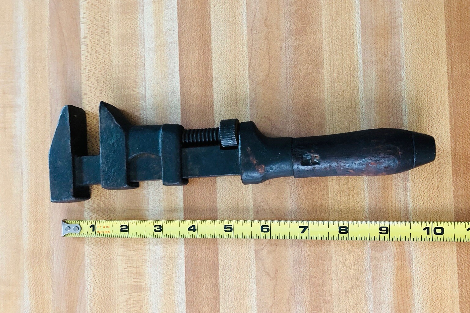 Antique Cast Iron Adjustable Wrench With Wooden Handle 10 Inches