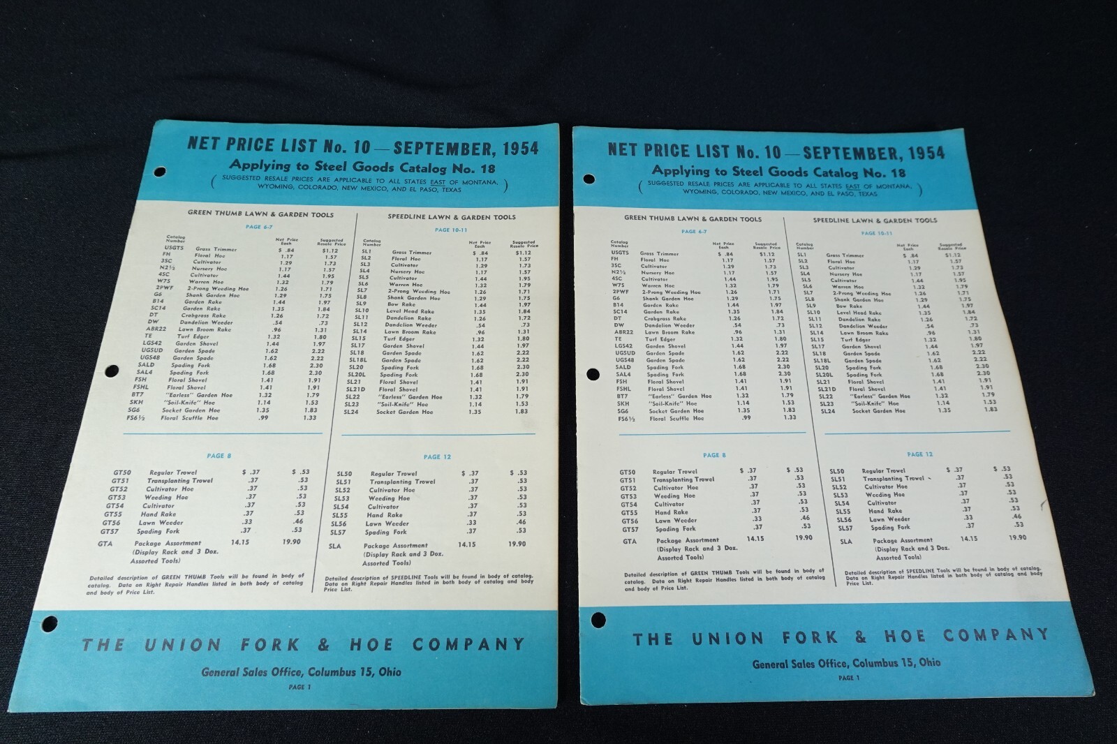 1954 Union Fork & Hoe Co Steel Goods Catalog No 18 & Net Price Lists Columbus OH