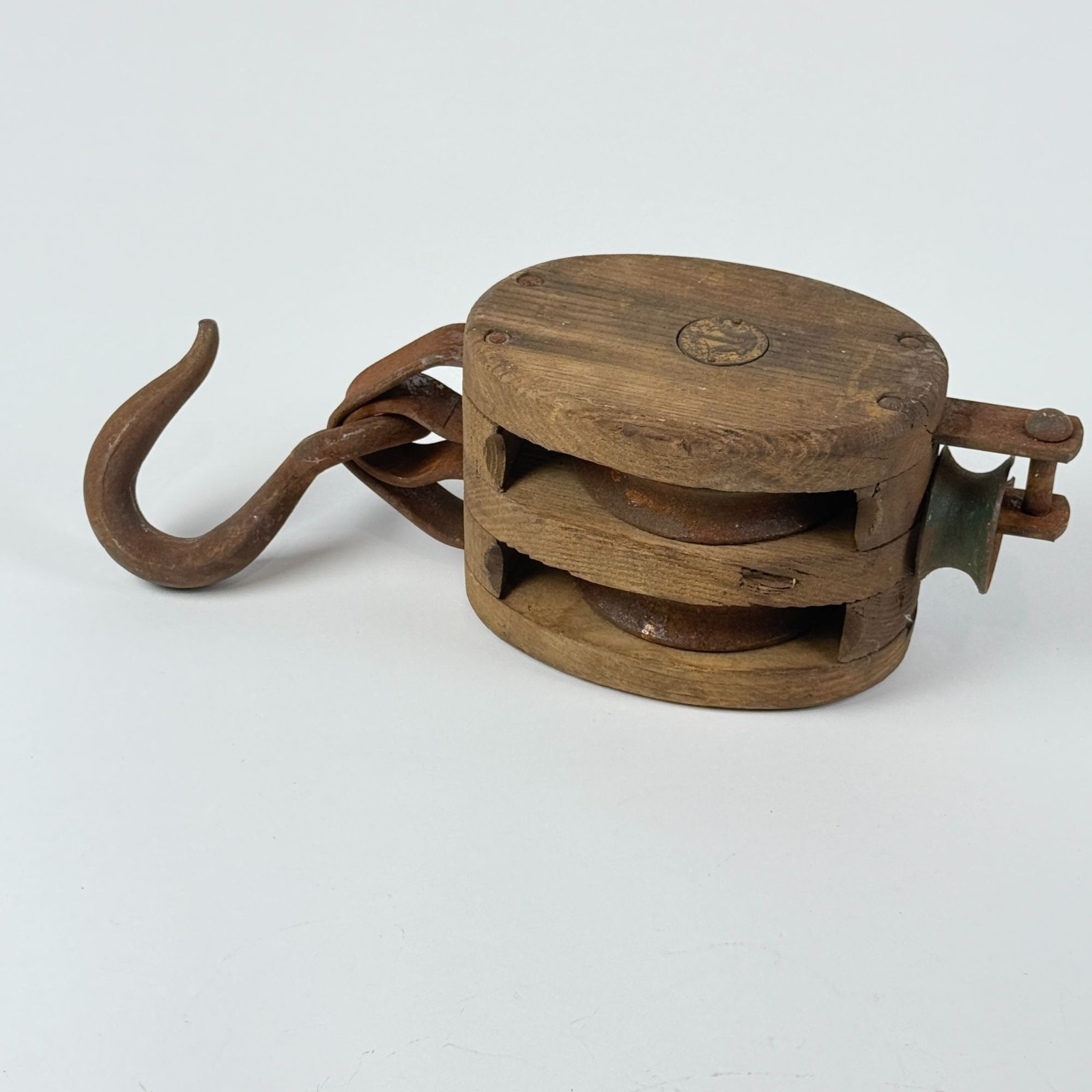 Antique Wooden Double Pulley Block w/ Metal Hook Rustic Farmhouse Barn Decor