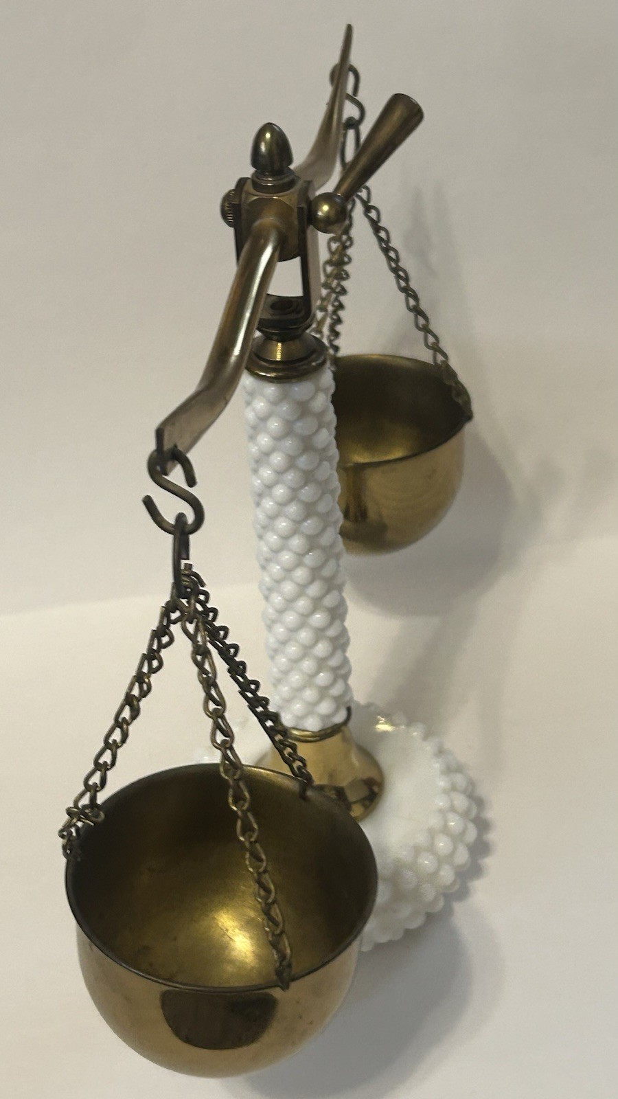 Vintage Fenton Hobnail Milk Glass And Brass Pillar Balance Scales Of Justice MCM