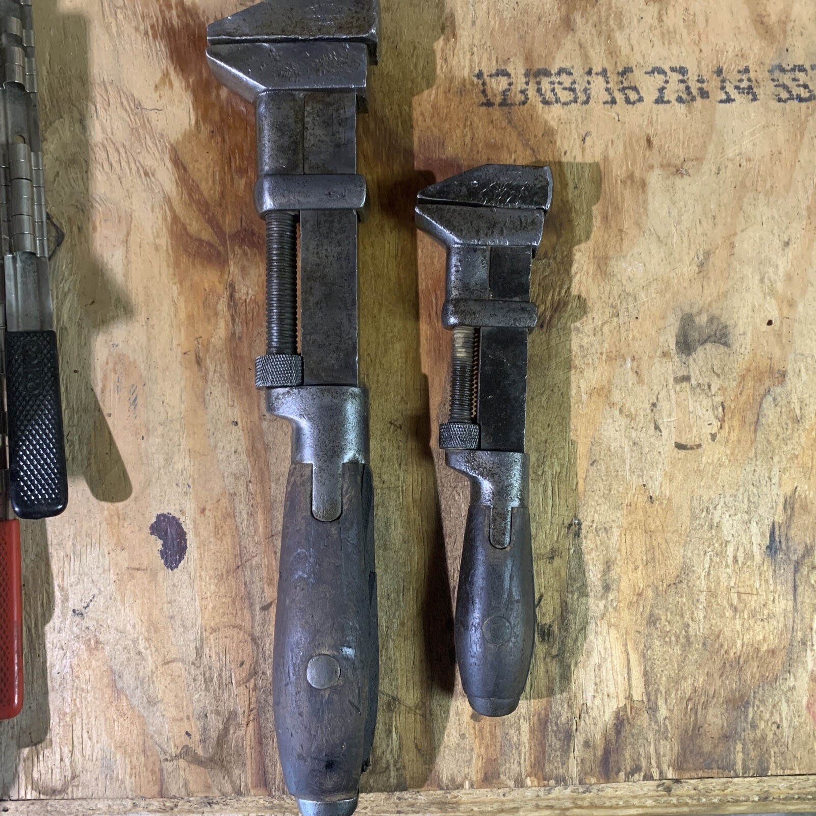 2 – Vintage Wood Handle Monkey Wrench Coe’s Wrench Co. Worcester Mass 15″ & 10″