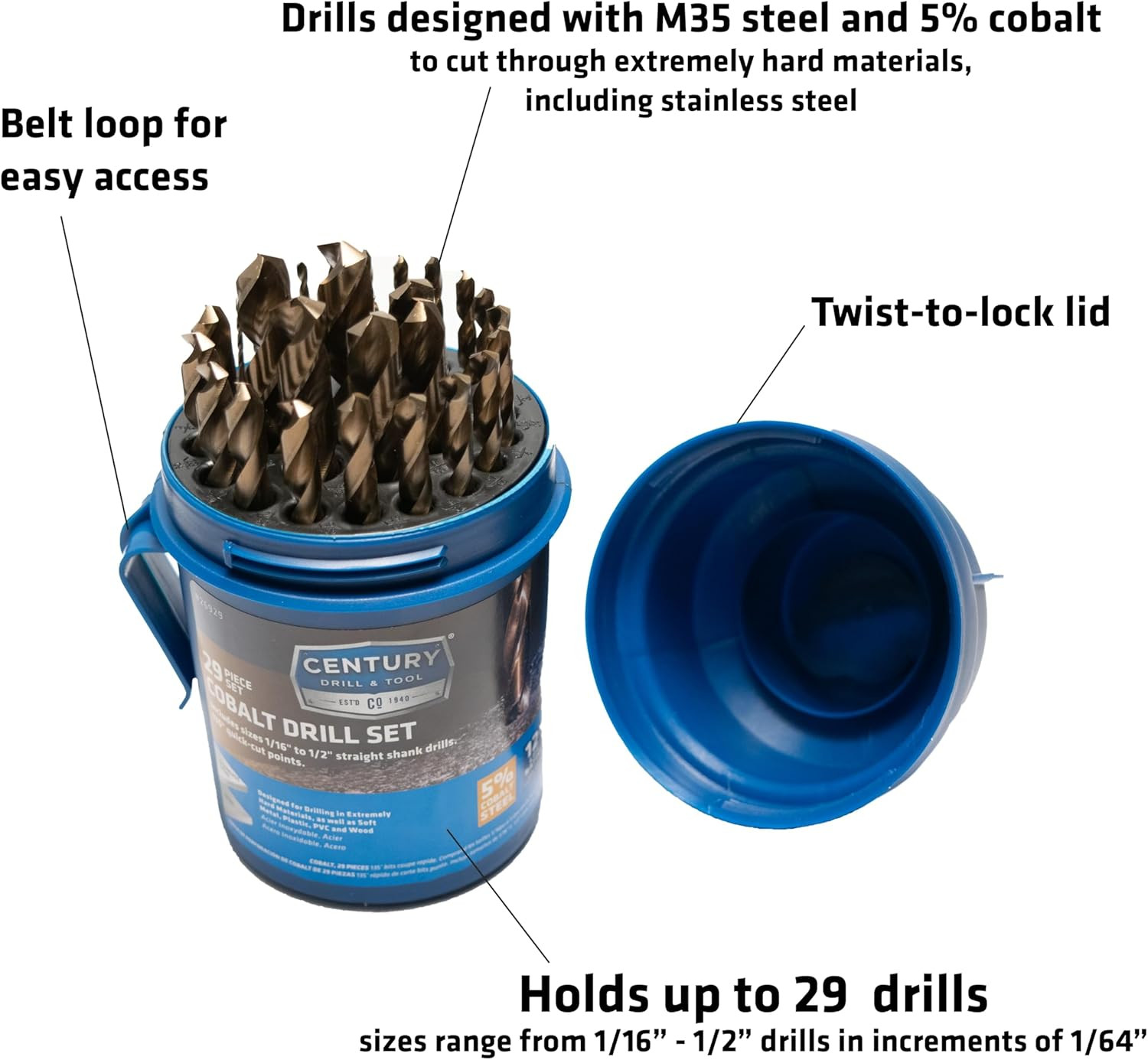 Drill Bit Set 26929 29 Piece Cobalt 1/16 to 1/2, 135 Degree Quick-Cut, M35 St