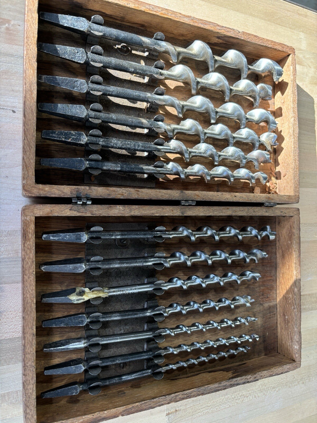 Antique brace bit set in original box , 10 1/2”x 6 1/2” x 2 3/4”