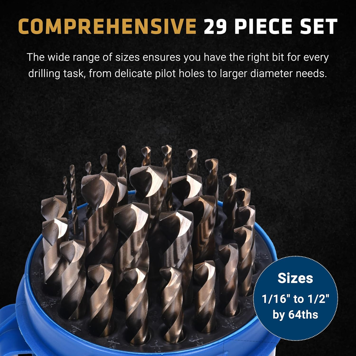 Drill Bit Set 26929 29 Piece Cobalt 1/16 to 1/2, 135 Degree Quick-Cut, M35 St