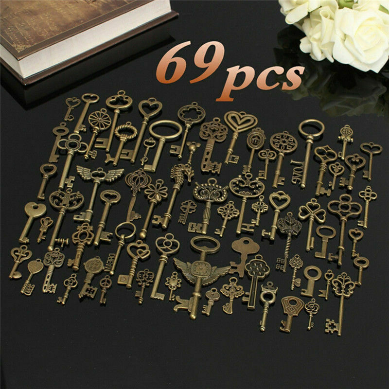 69 Pcs Set Antique Vintage Old Look Ornate Skeleton Key Fancy Heart Bow Decor US