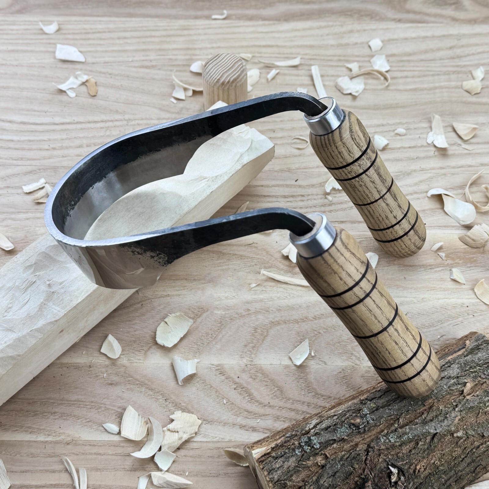 Inshave Knife – Hand-Forged Carbon Steel, Ash Handles, Woodworking Tool.