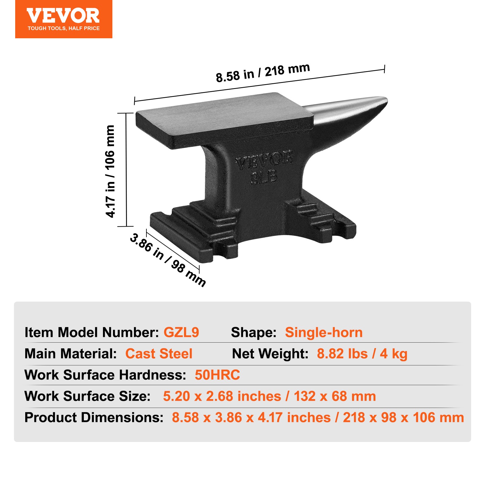 VEVOR Single Horn Anvil Cast Steel Anvil 8.8lbs Blacksmith for Forging Metalwork