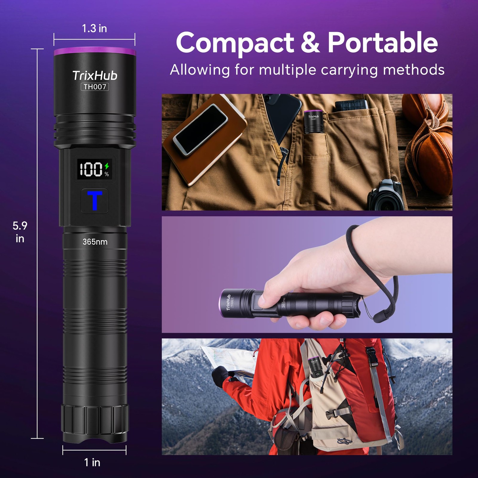 365nm Black Light Flashlight, Uv Flashlight Rechargeable With Lcd Display