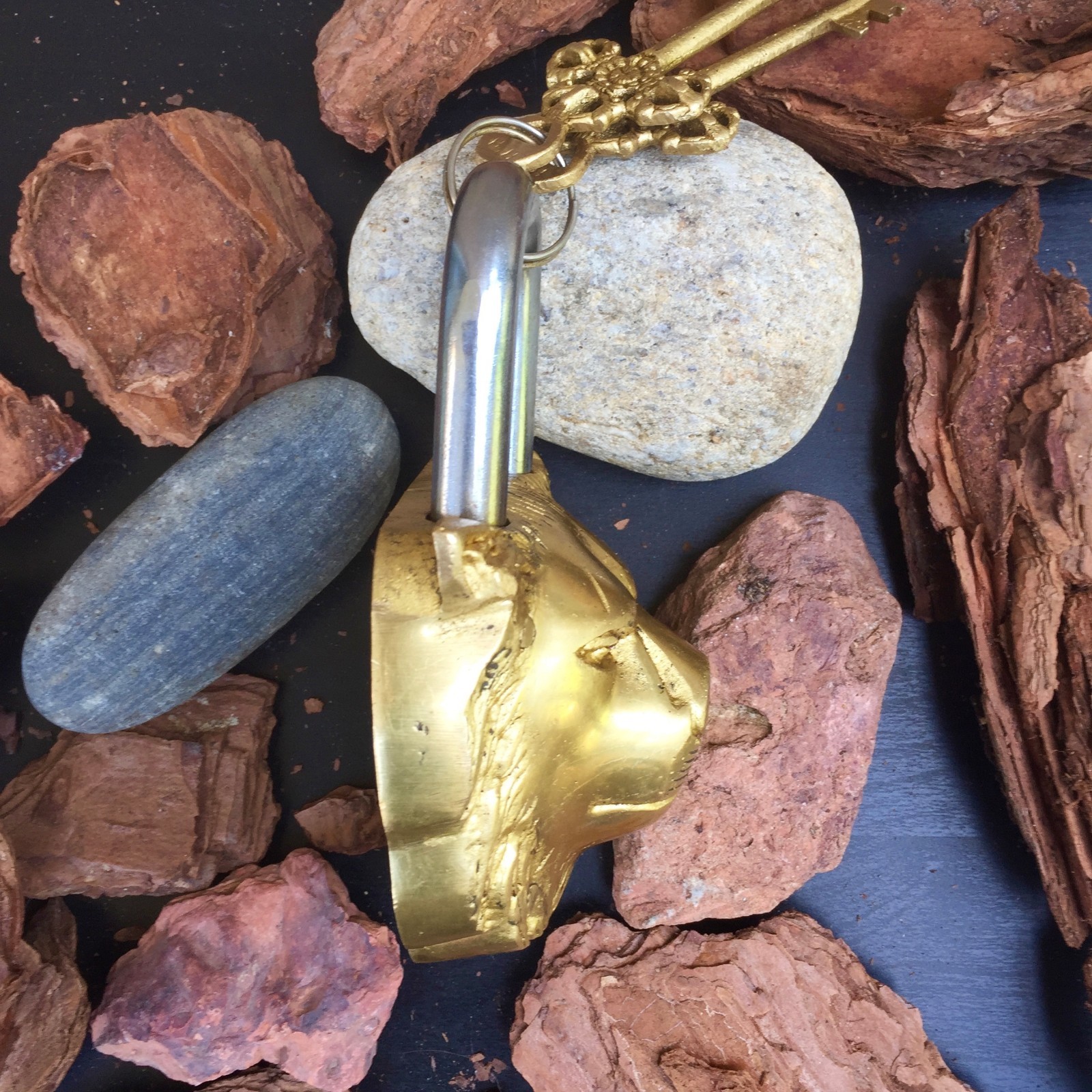Huge Antique Lion Padlock Vintage Brass Rustic lock And Key Heavy Bronze Metal