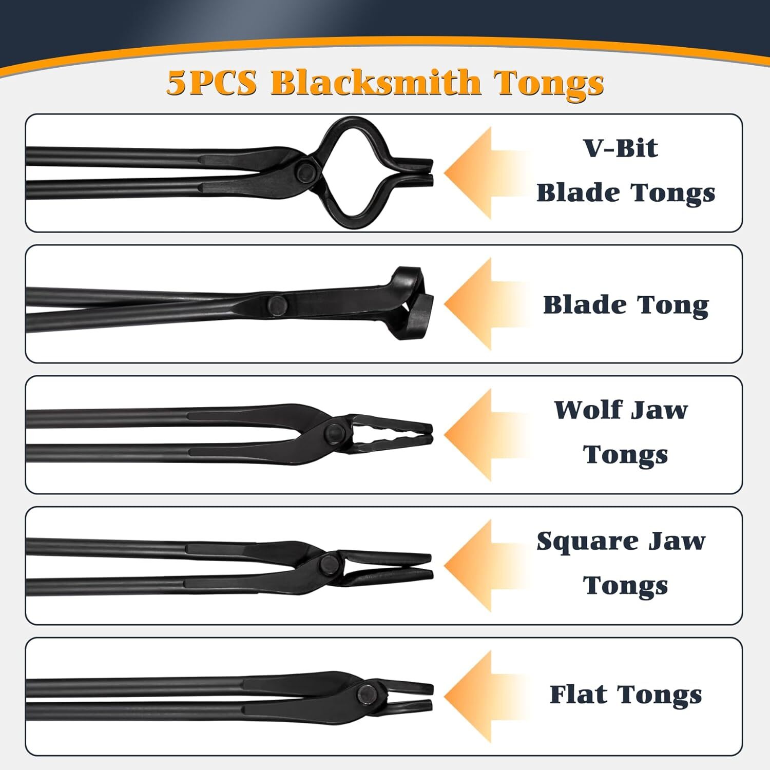Blacksmith Tools 5 Piece Tongs Kit Flat, Square Jaw, Bolt, Blade, Wolf Jaw Tongs