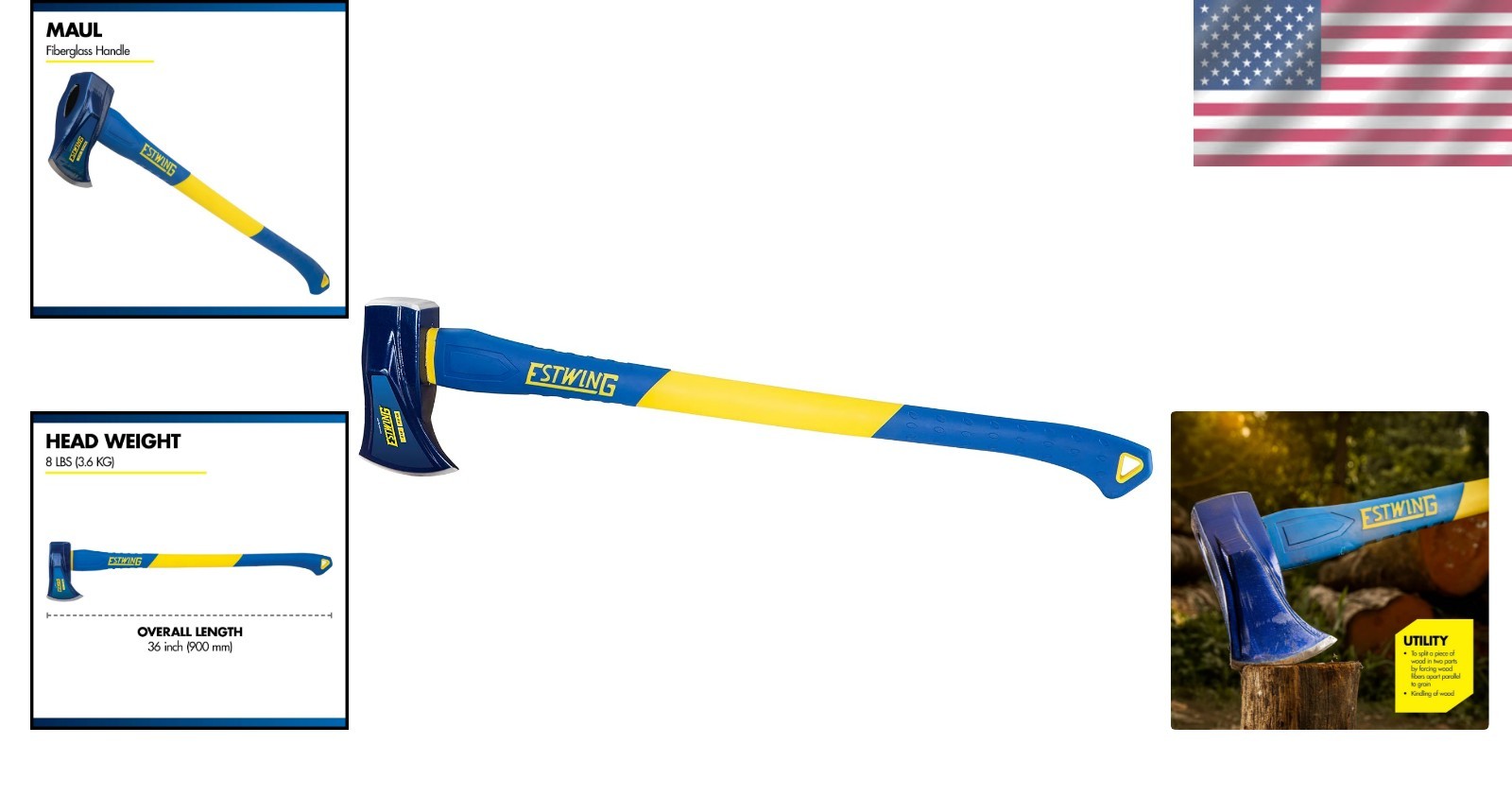 Durable 8 lb Wood Splitting Maul – 36-Inch Fiberglass Handle, High-Force Design
