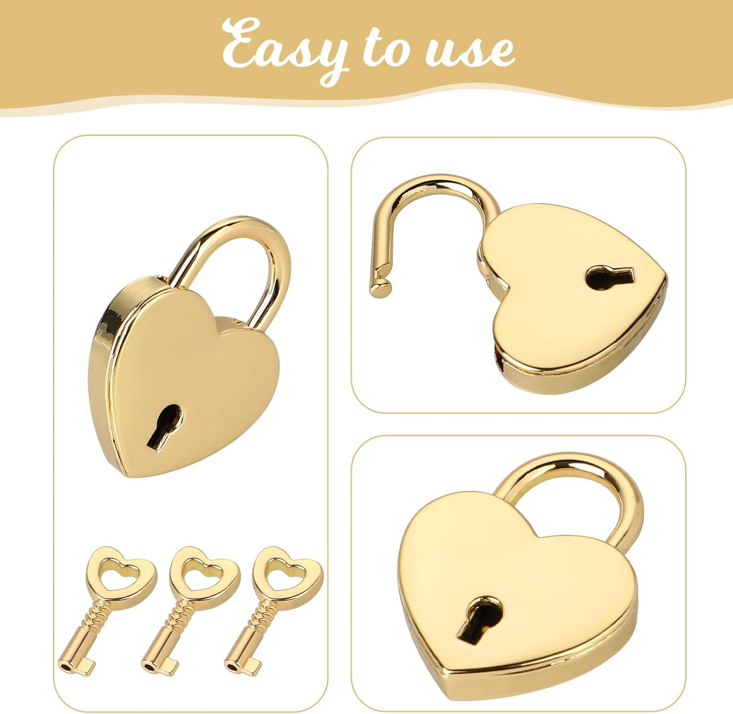 3 Pack Mini Heart Shaped Padlock With Key, Notebook Heart Locks, Gold Small Meta