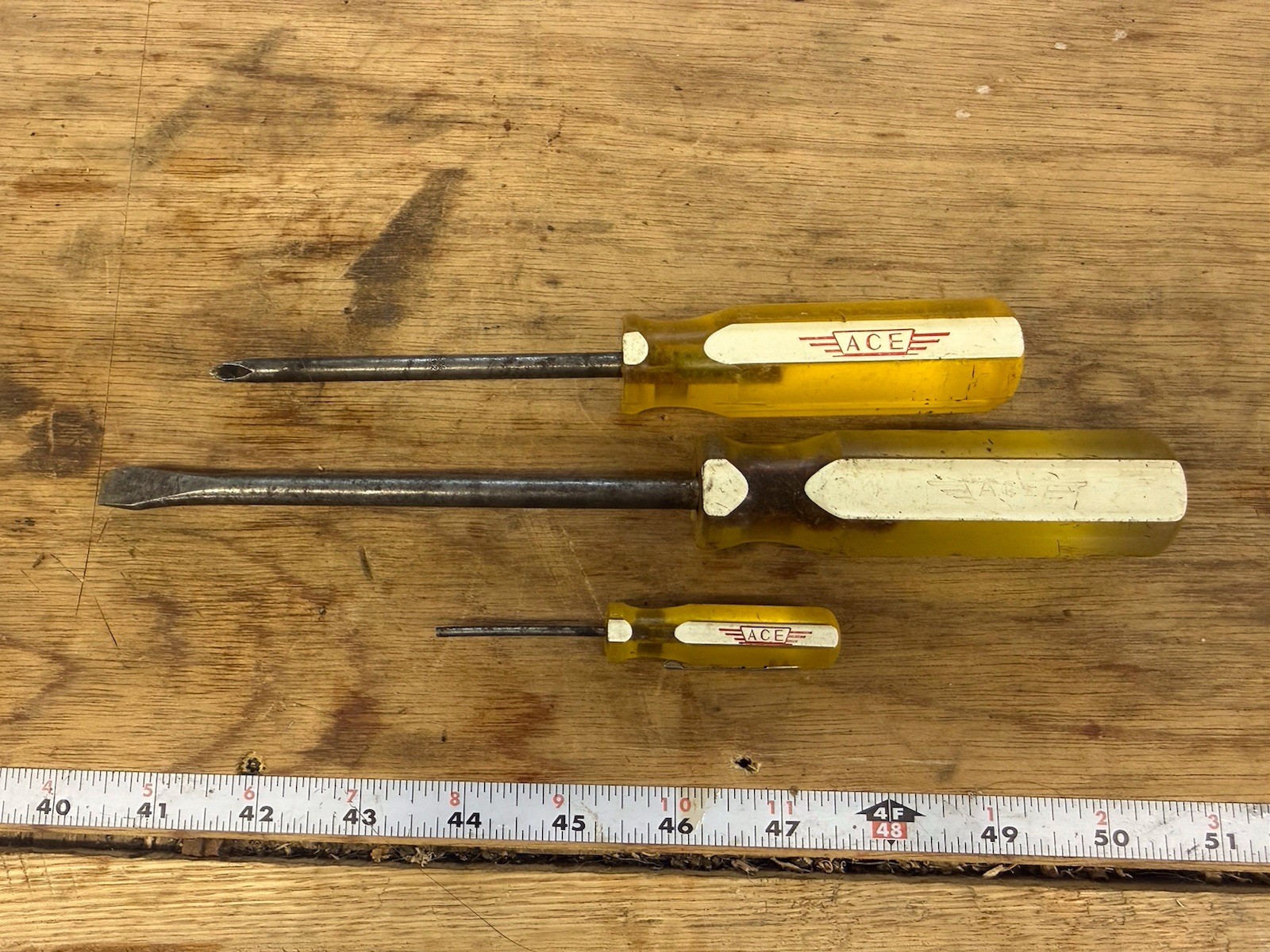 3 Piece Vintage Screwdrivers Marked ACE Yellow And White