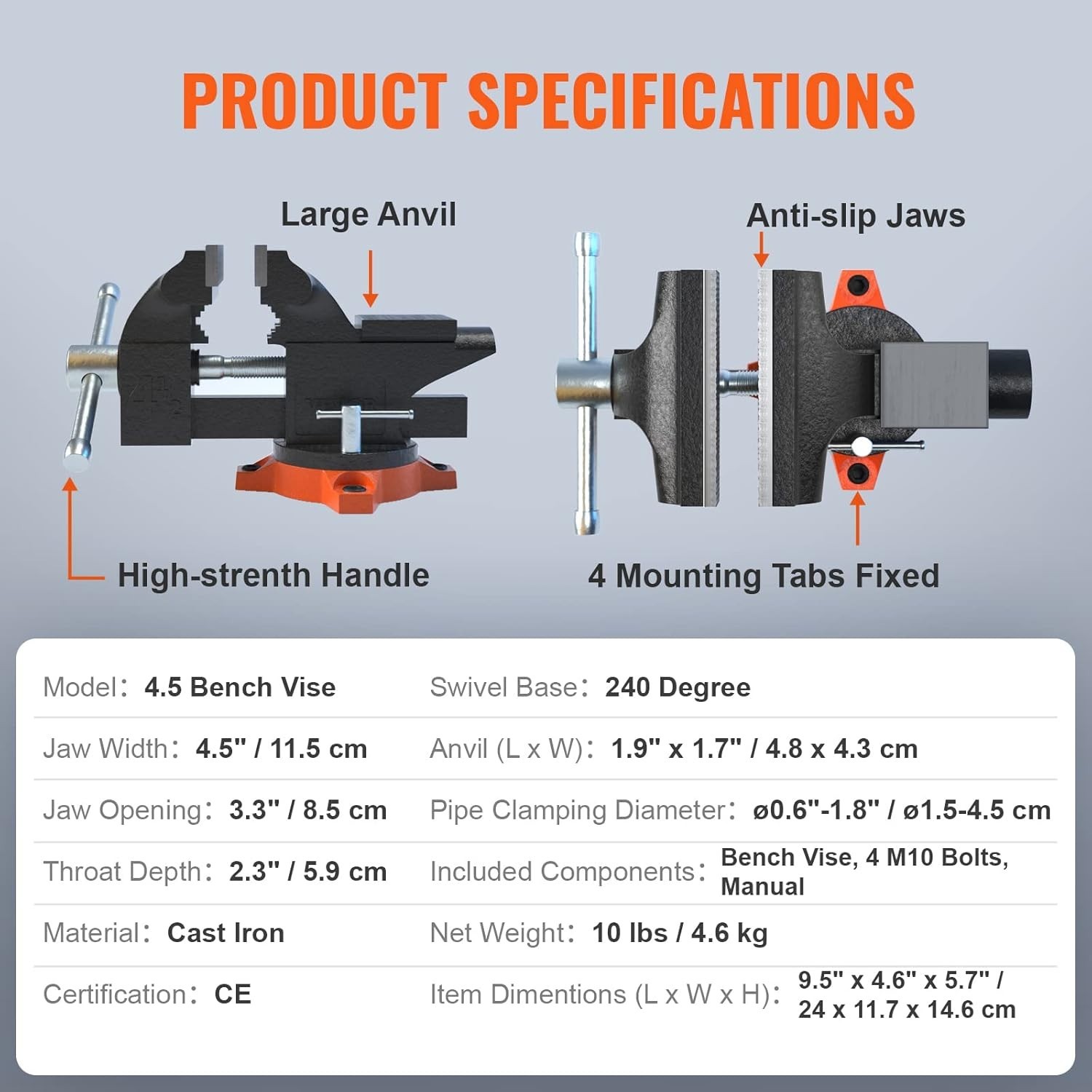 4.5-Inch Jaw Width Cast Iron Workbench Vise for Pipe Cutting & Drilling
