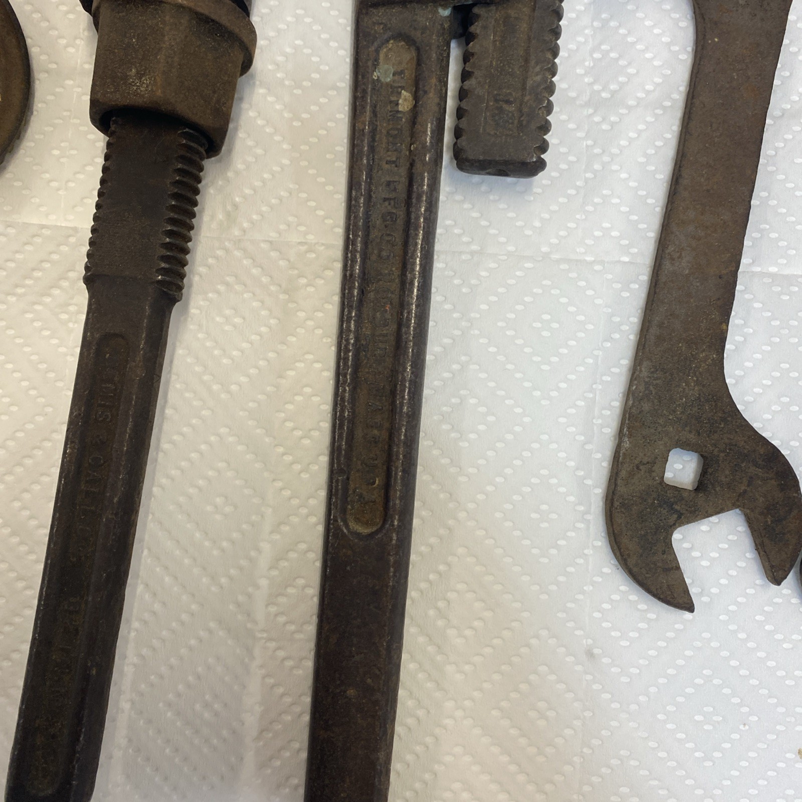 Lot of 2 Antique Adjustable Wrenches 1 drill & 4 Auto or Farm wrenches