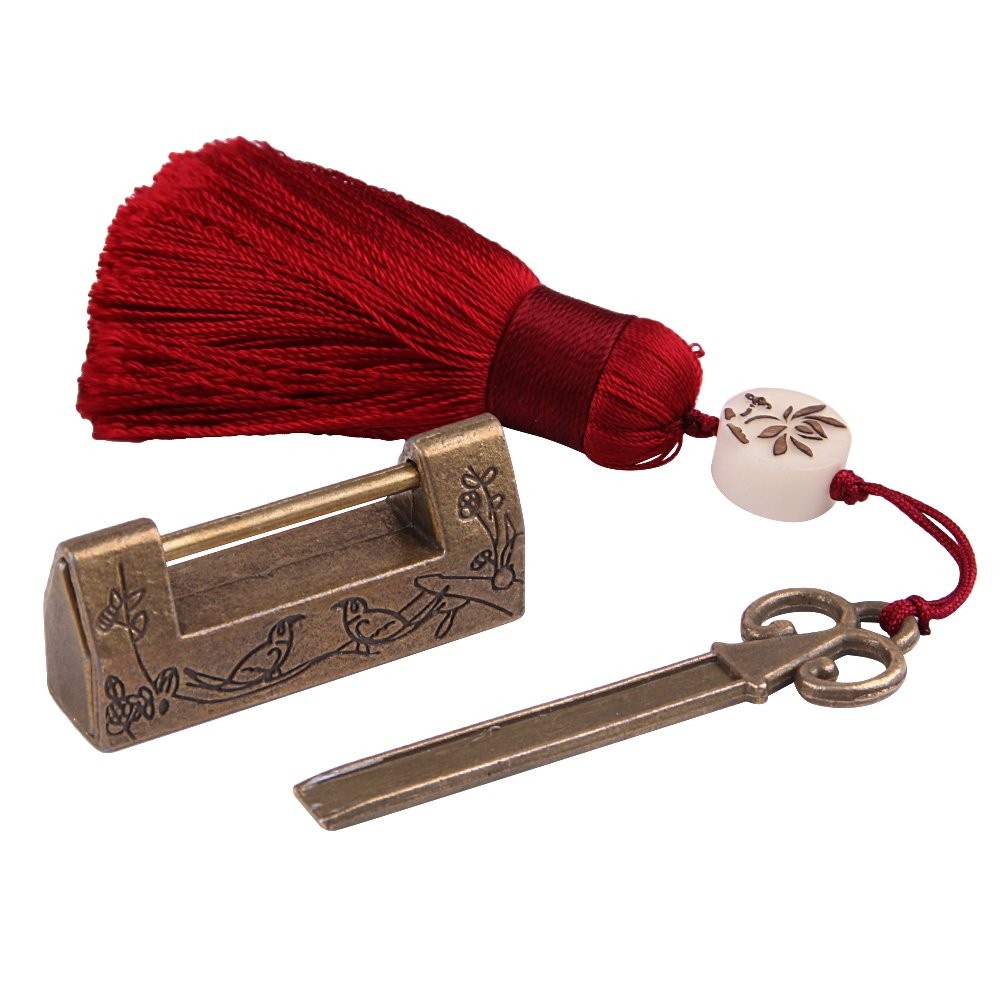 Vintage Lock Key Set Antique Chinese Padlock Floral Bird Small Box Cabinet Decor