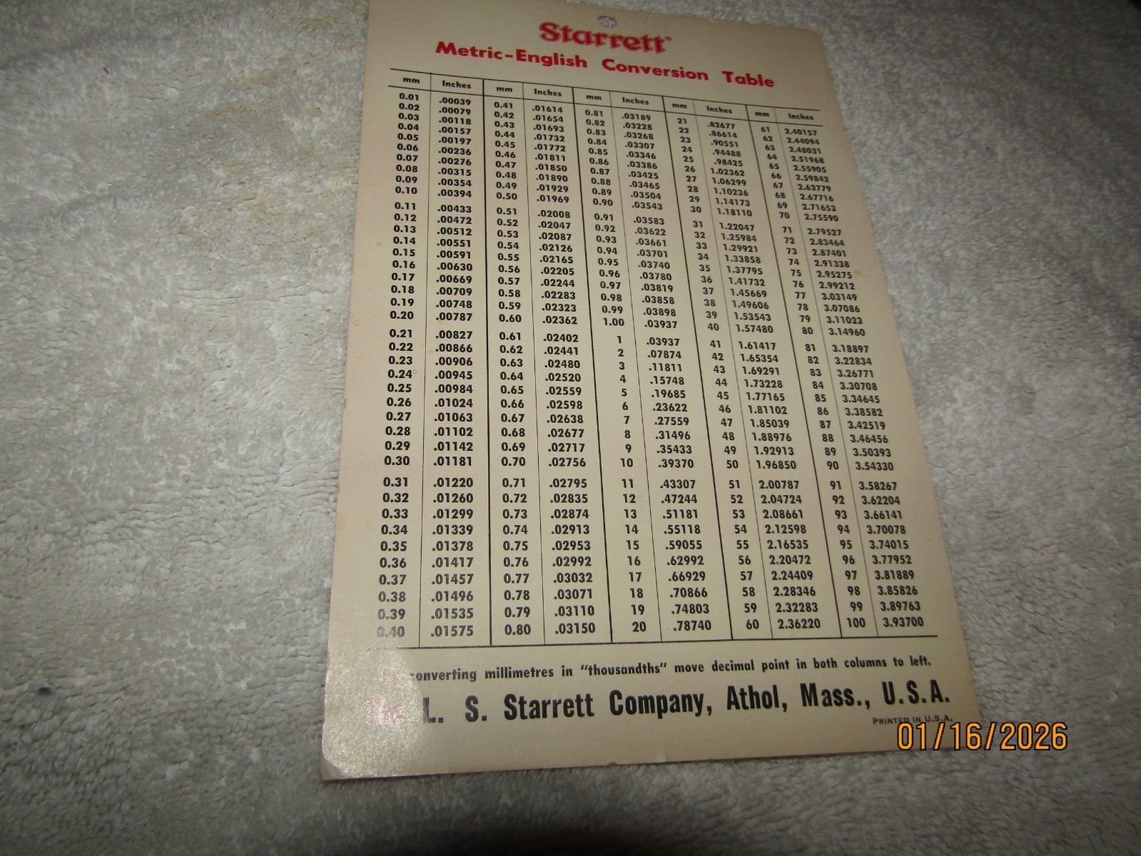 Vntg The L.S. Starrett Co. English-Metric Conversation Table Card Athol Mass USA