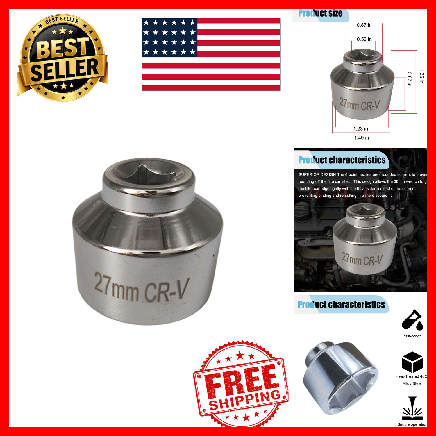 27mm Oil Filter Socket Wrench 3/8 Drive 6 Pt Chrome Vanadium Low Profile