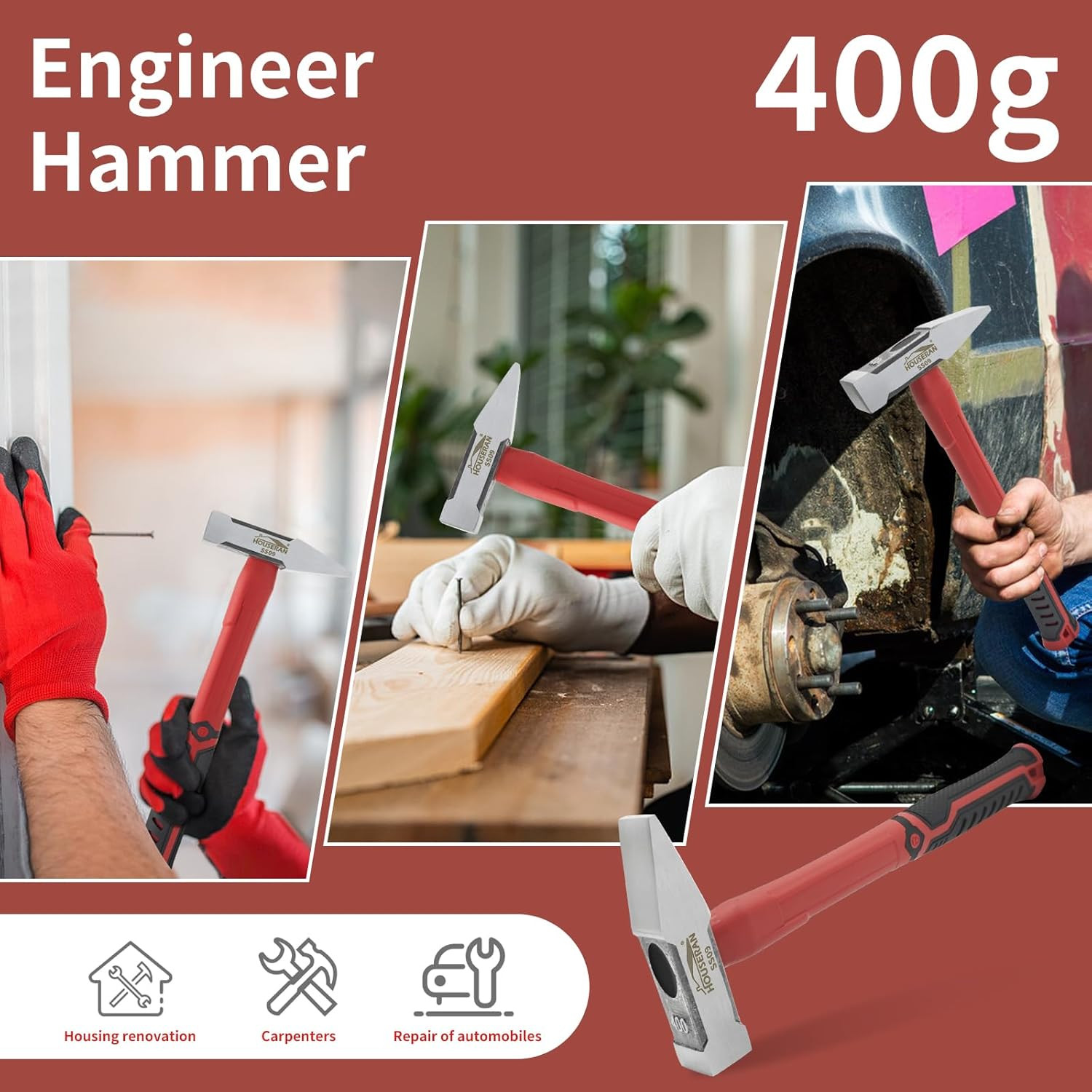 Sheet Metal Hammer 400G, Cross Peen Hammer with Non-Slip Rubber Grip, Engineer H