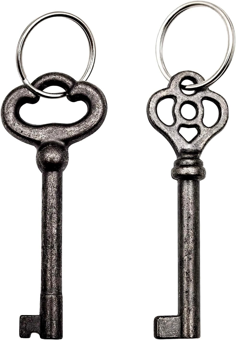 2 Pack Antique Brass Skeleton Keys for Vintage Furniture & Decorative Use