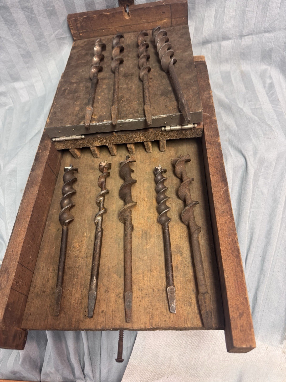 Lot of Nine Antique Wood Auger Bits w Tapered Square Shank And Wooden Case