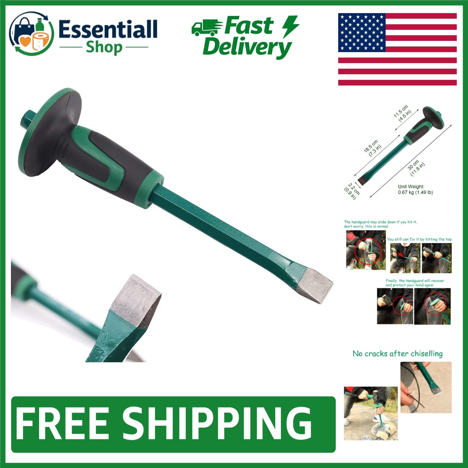 Shock-Absorb Hand Guard 12-Inch Flat End Chisel for Concrete & Stone Work