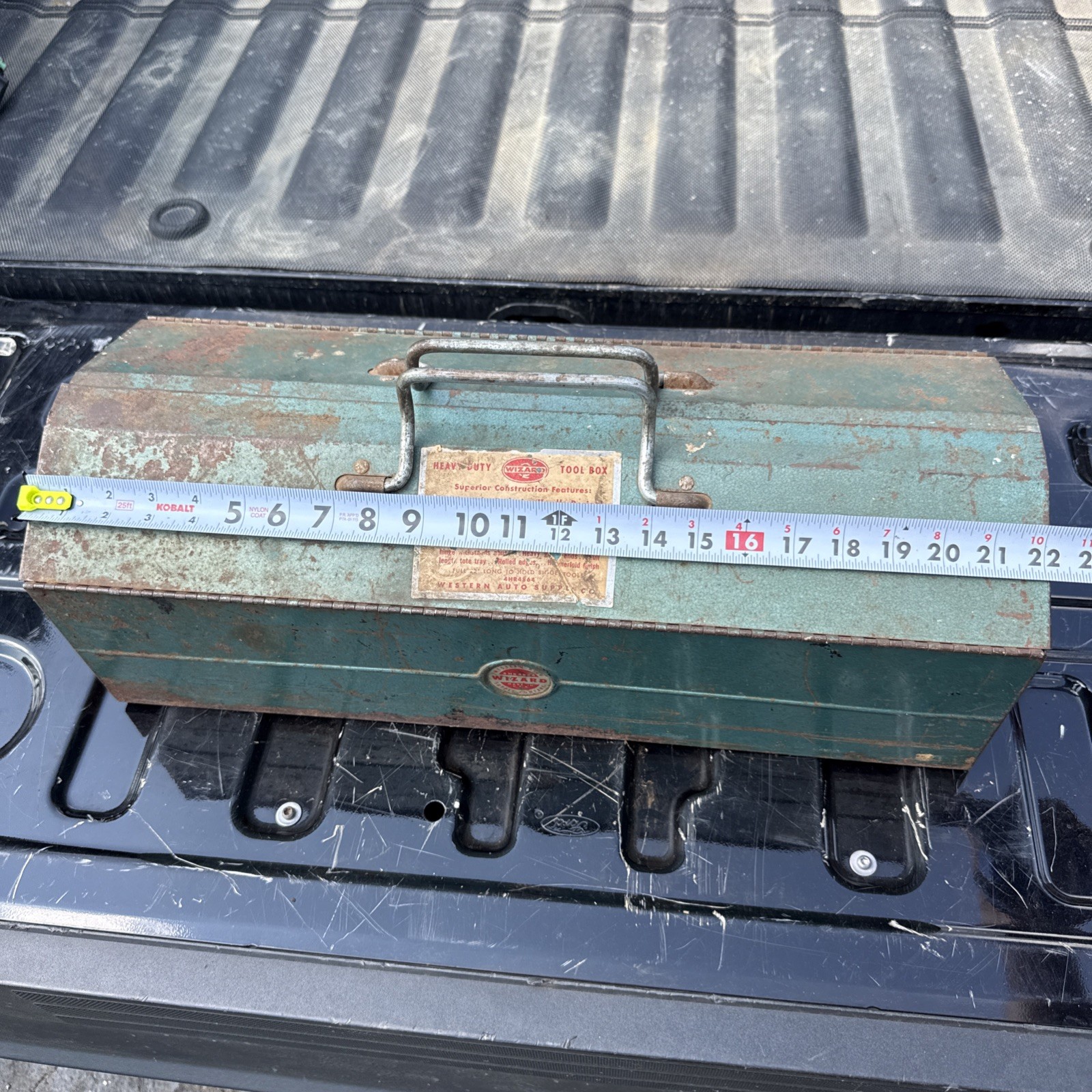 Western Auto Supply Wizard Tool Box w/ Tray 22″ Blue Green Metal Vintage