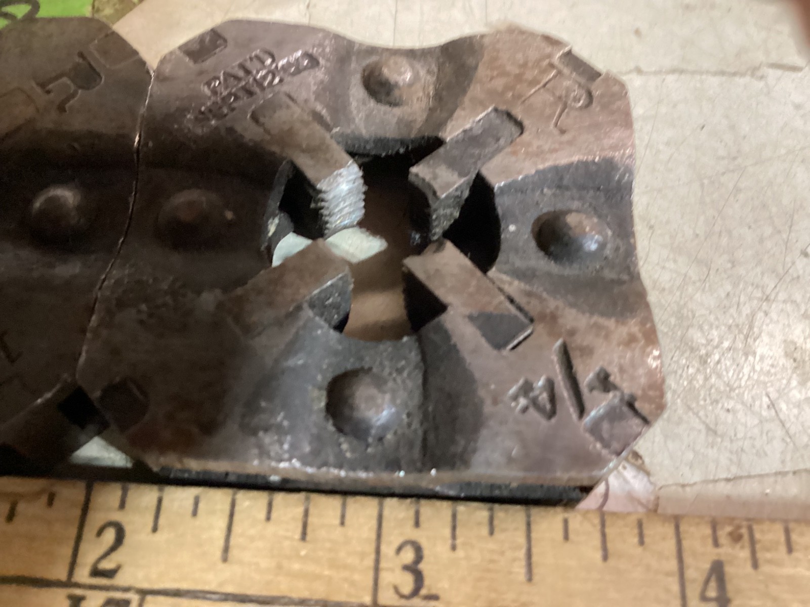 Vintage Pipe Dies, 2” square, 1/4, 1/8 sizes, two patented September 12 1899 vgc