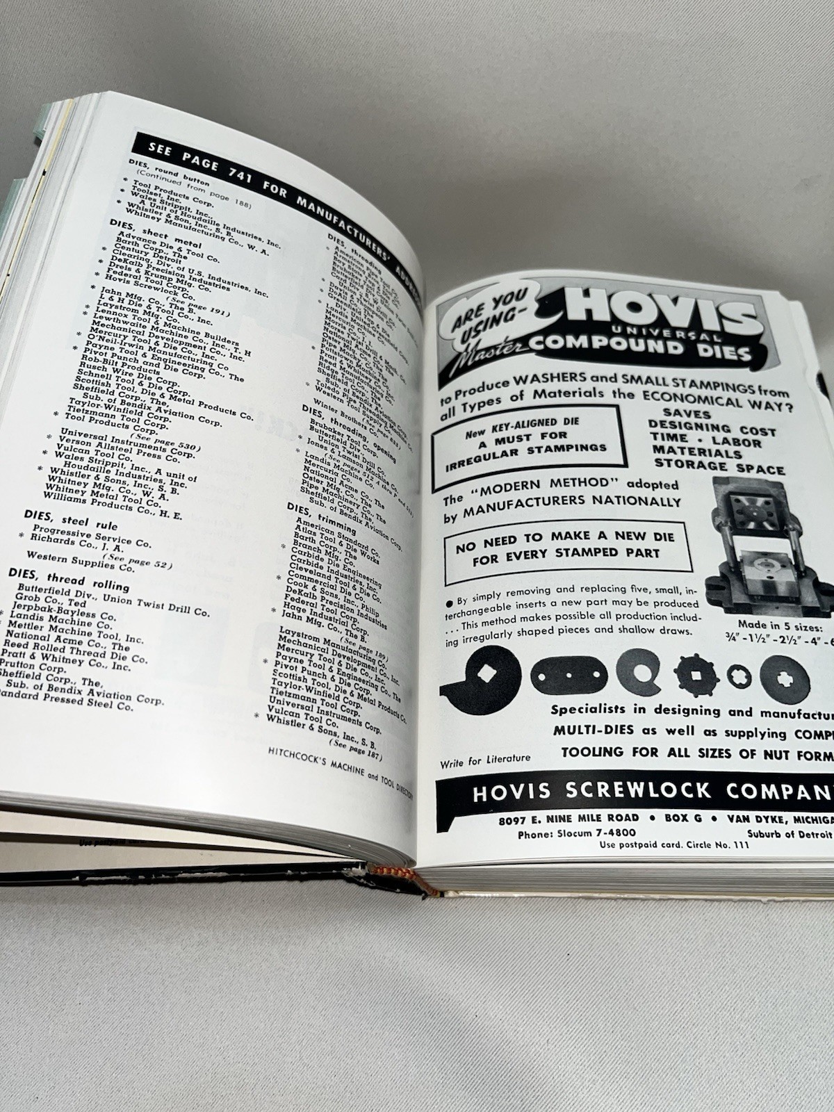 1960 Hitchcock Machine and Tool Directory and Specification Hardcover Book Vtg
