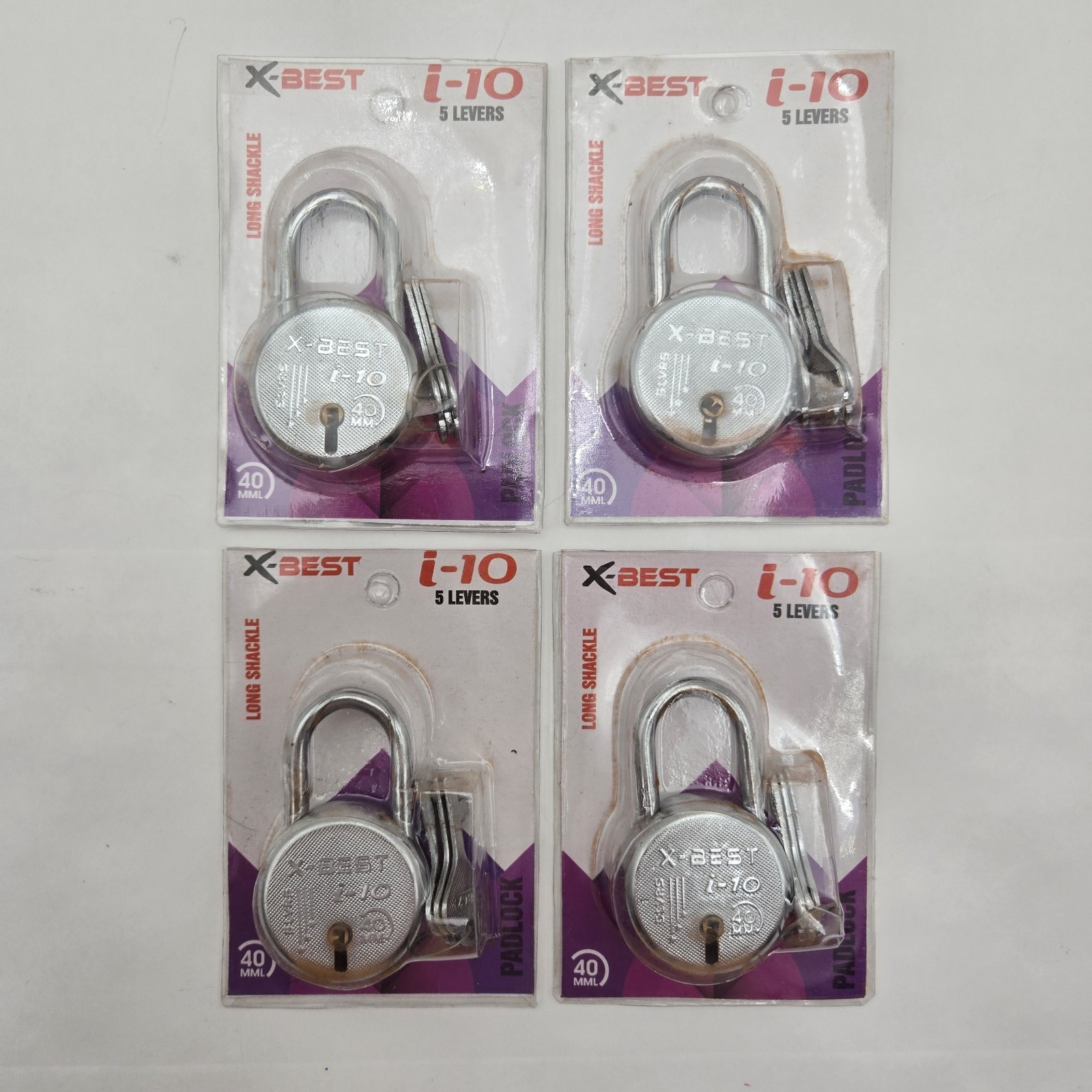 X-Best i-10 40mm 5 Lever Long Shackle Padlocks Lot of 4 New HD007-40GL NIB Fast